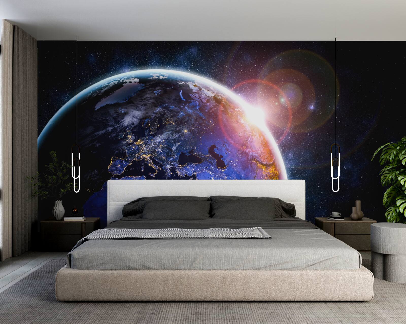 Fototapeten Die Sonne untergeht in ihrem hellen Licht über dem Planeten