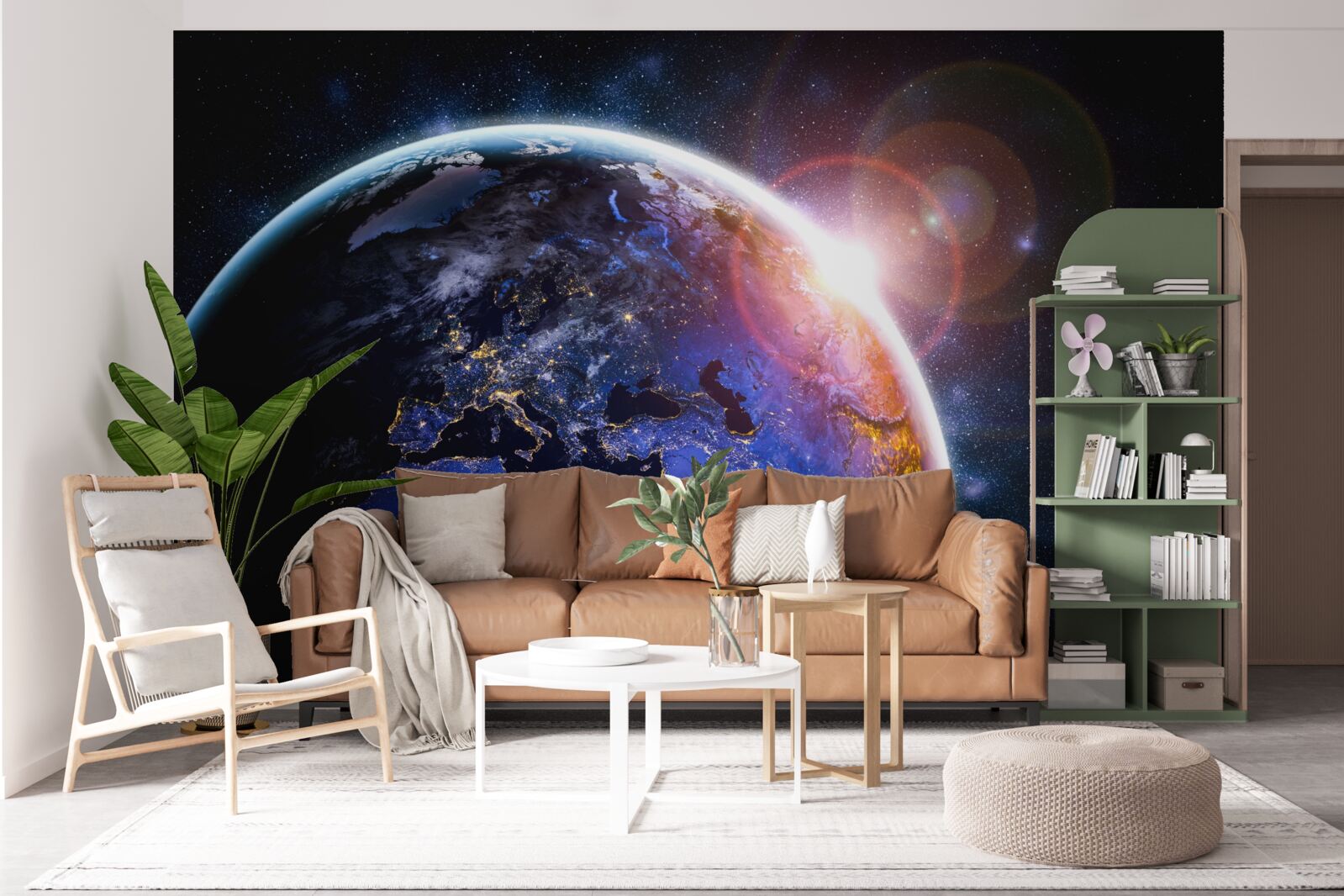 Fototapeten Die Sonne untergeht in ihrem hellen Licht über dem Planeten