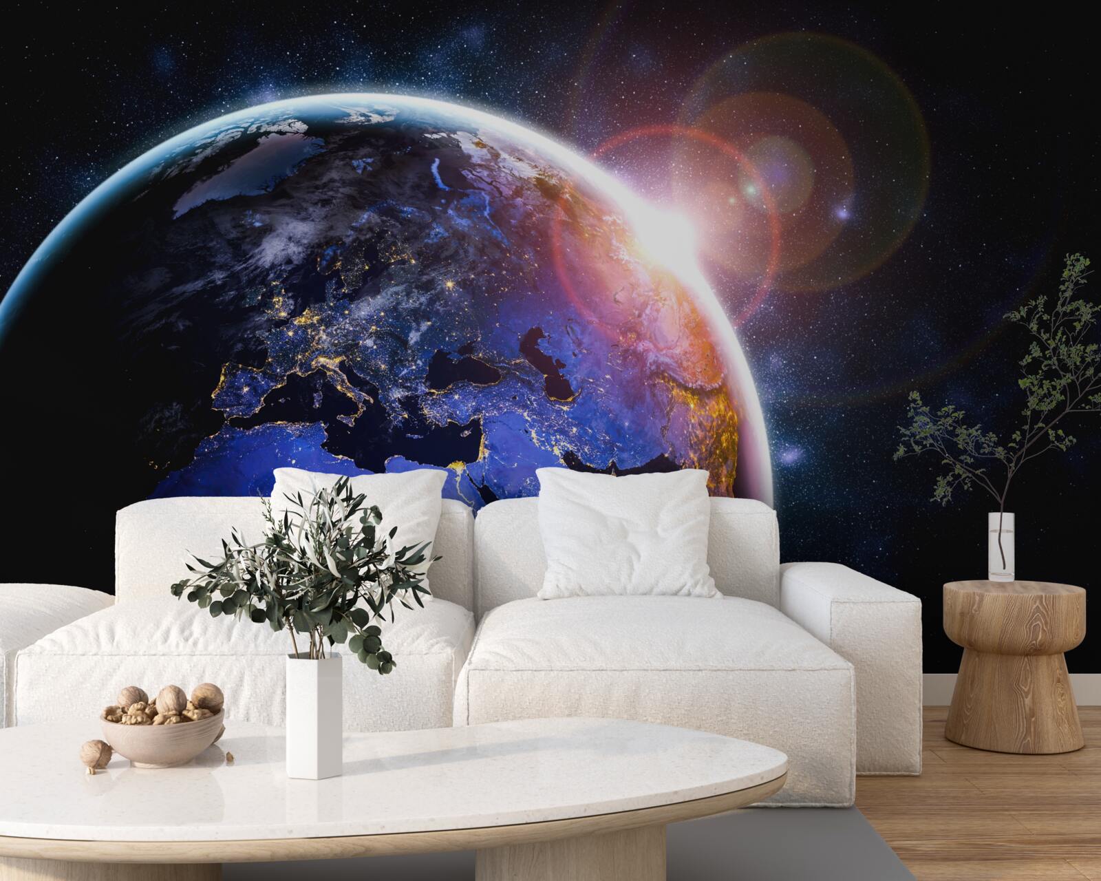 Fototapeten Die Sonne untergeht in ihrem hellen Licht über dem Planeten