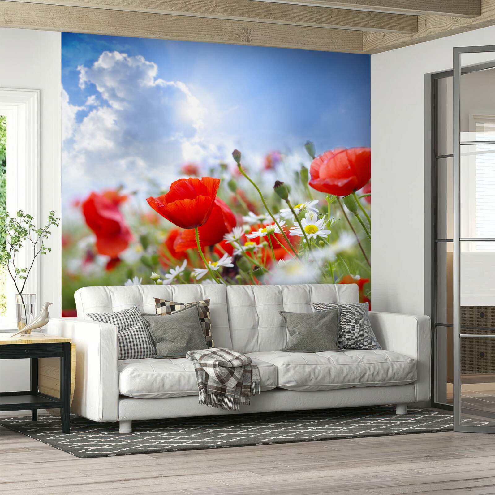 Fototapeten Feldblumen mit hellen Mohnblumen