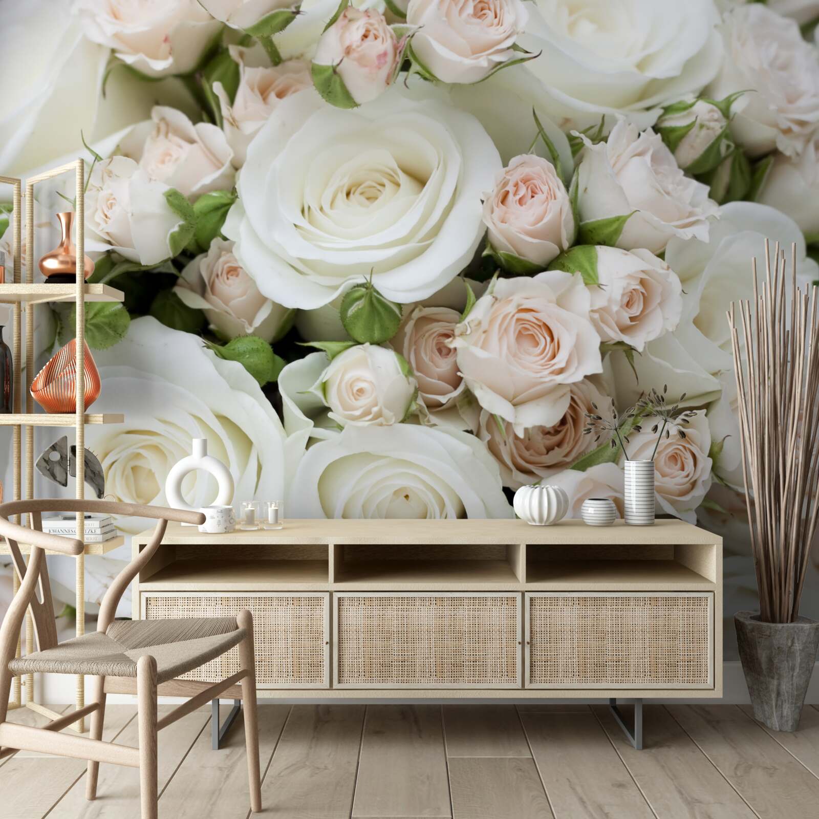 Fototapeten Der Bouquet enthält beige und weiße Sprührosen