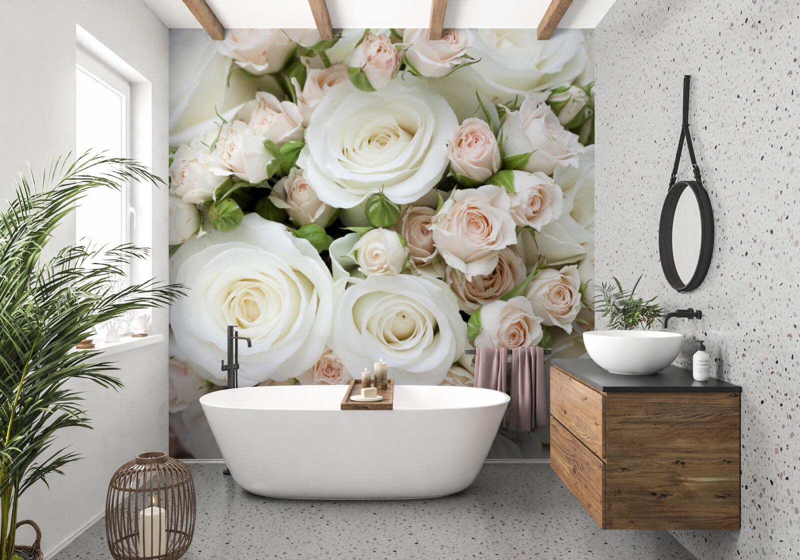 Fototapeten Der Bouquet enthält beige und weiße Sprührosen
