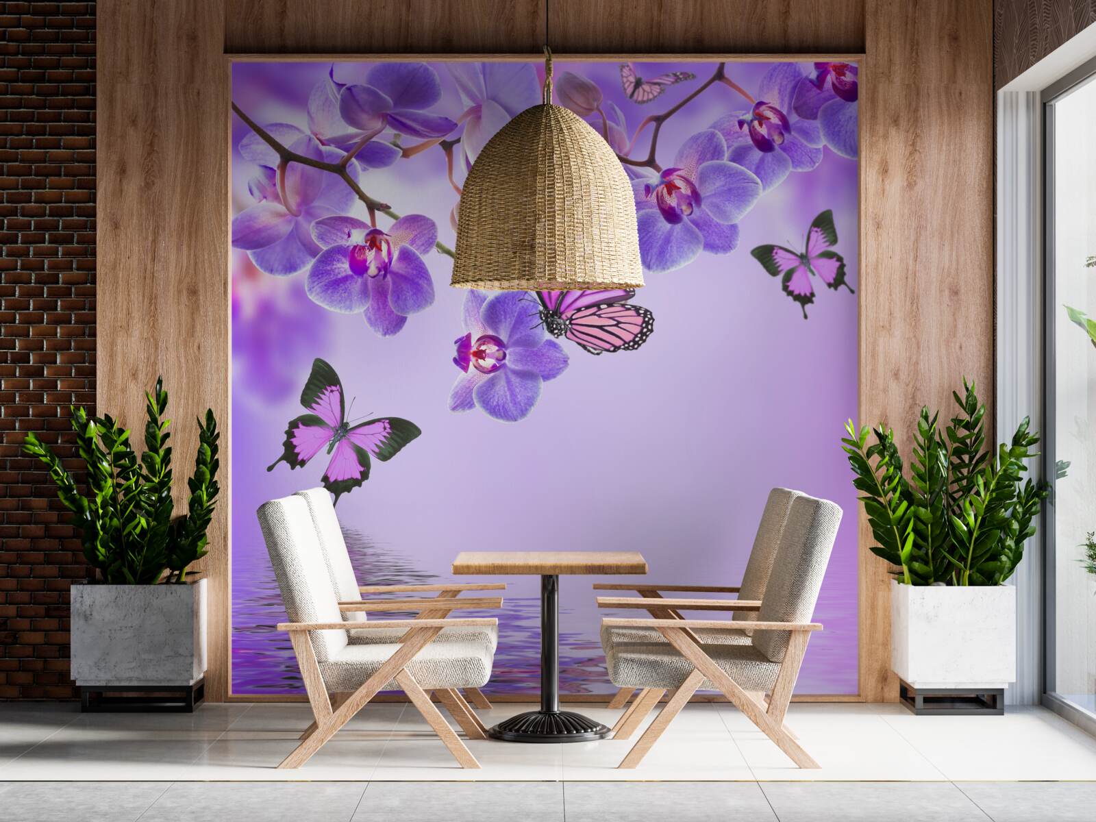 Fototapeten Schmetterlinge und lila Orchidee