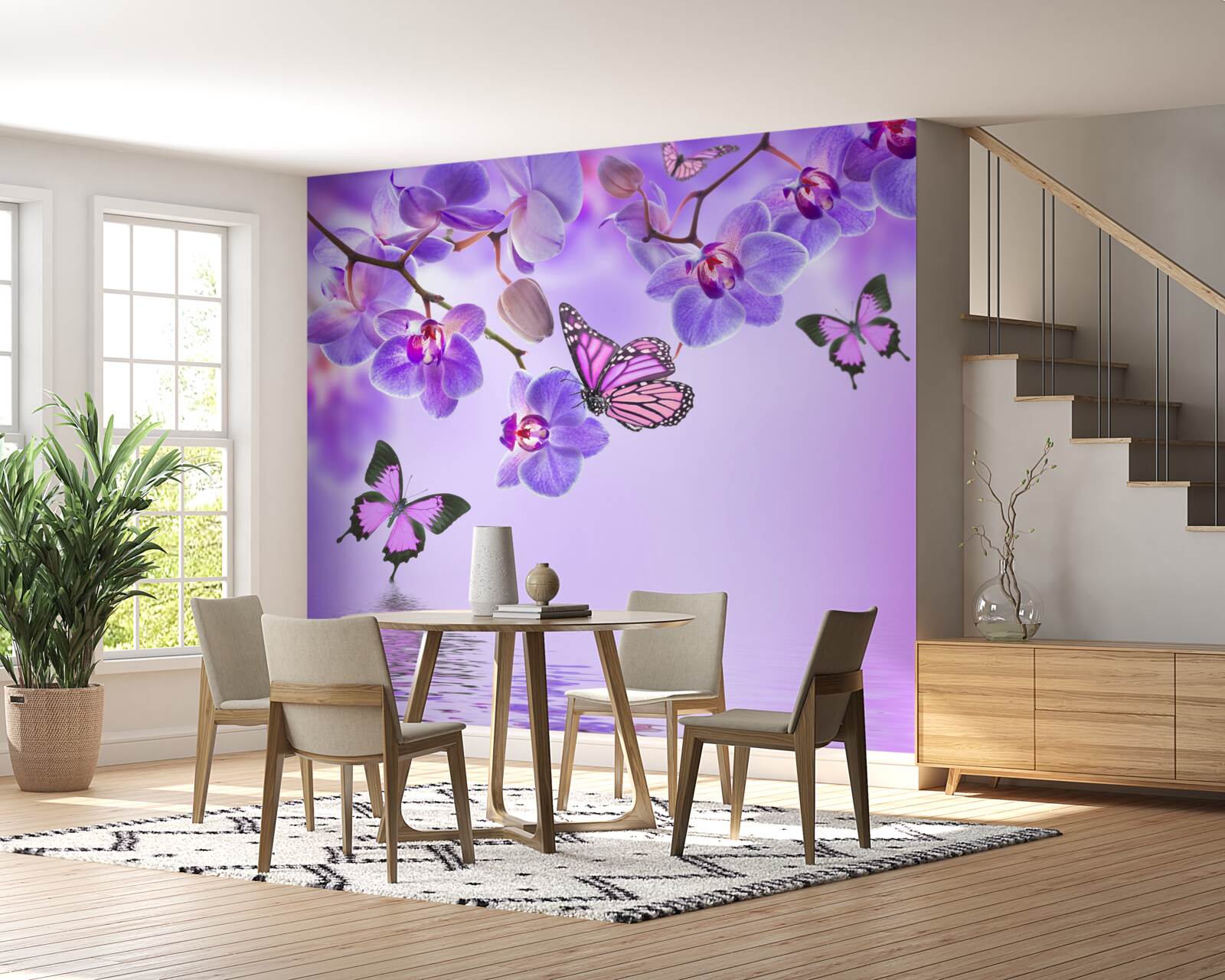 Fototapeten Schmetterlinge und lila Orchidee