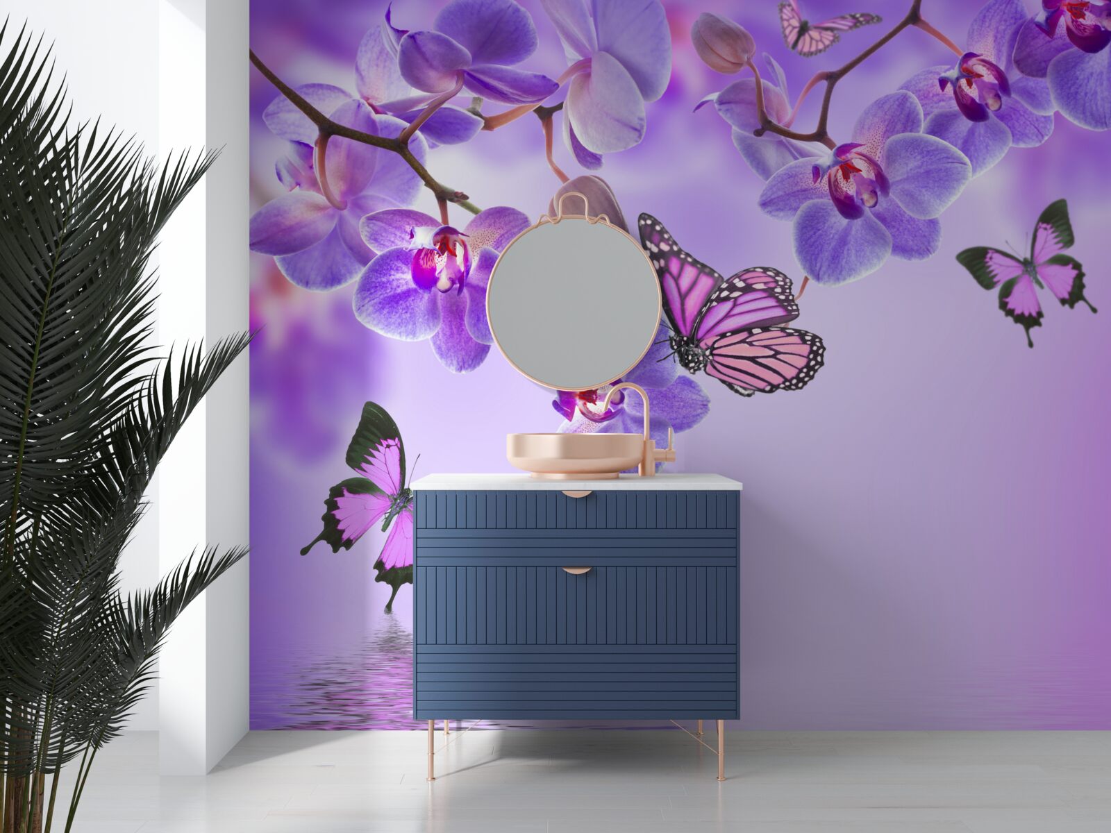 Fototapeten Schmetterlinge und lila Orchidee