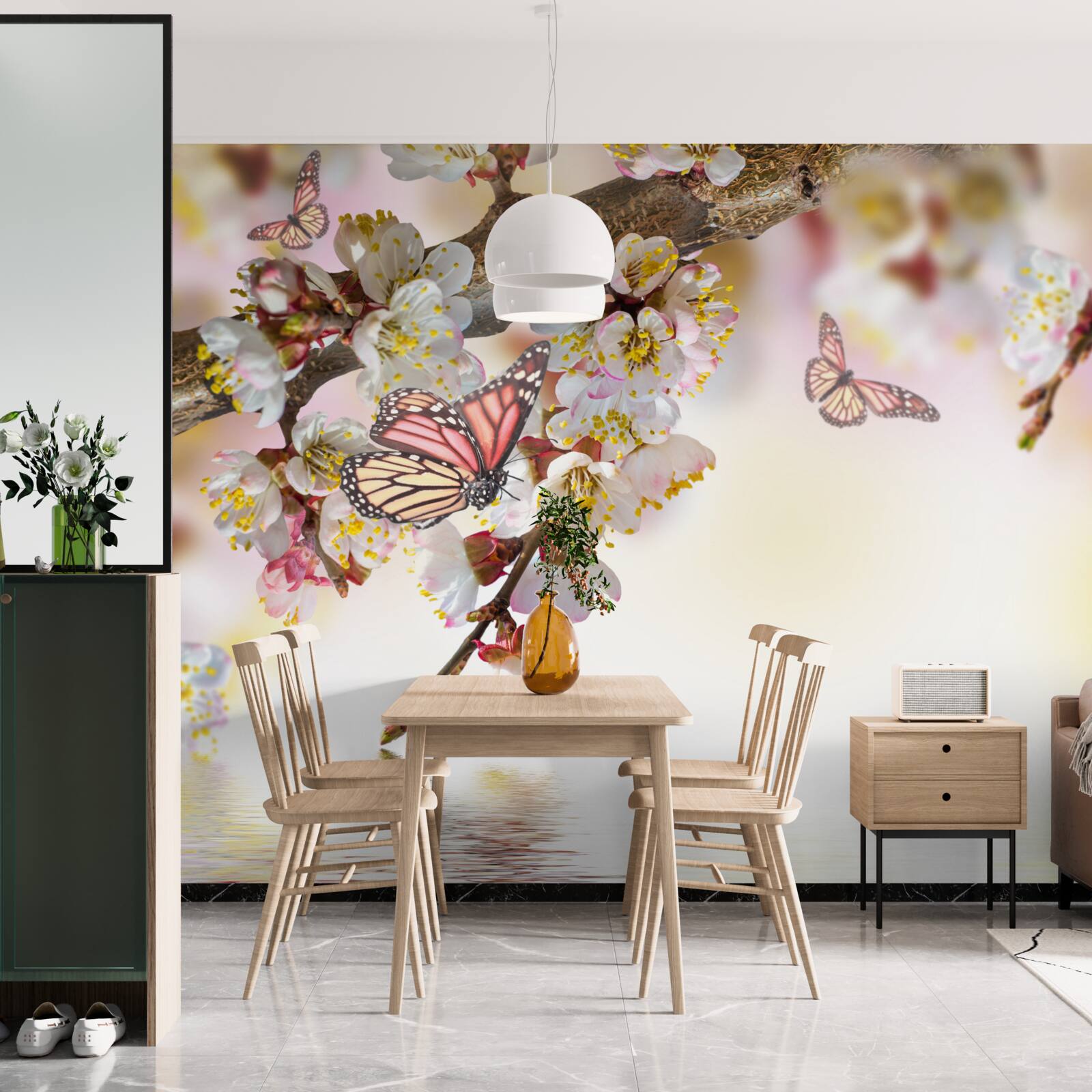 Fototapeten Sakura -Blumen sind ein Zuhause für Schmetterlinge geworden