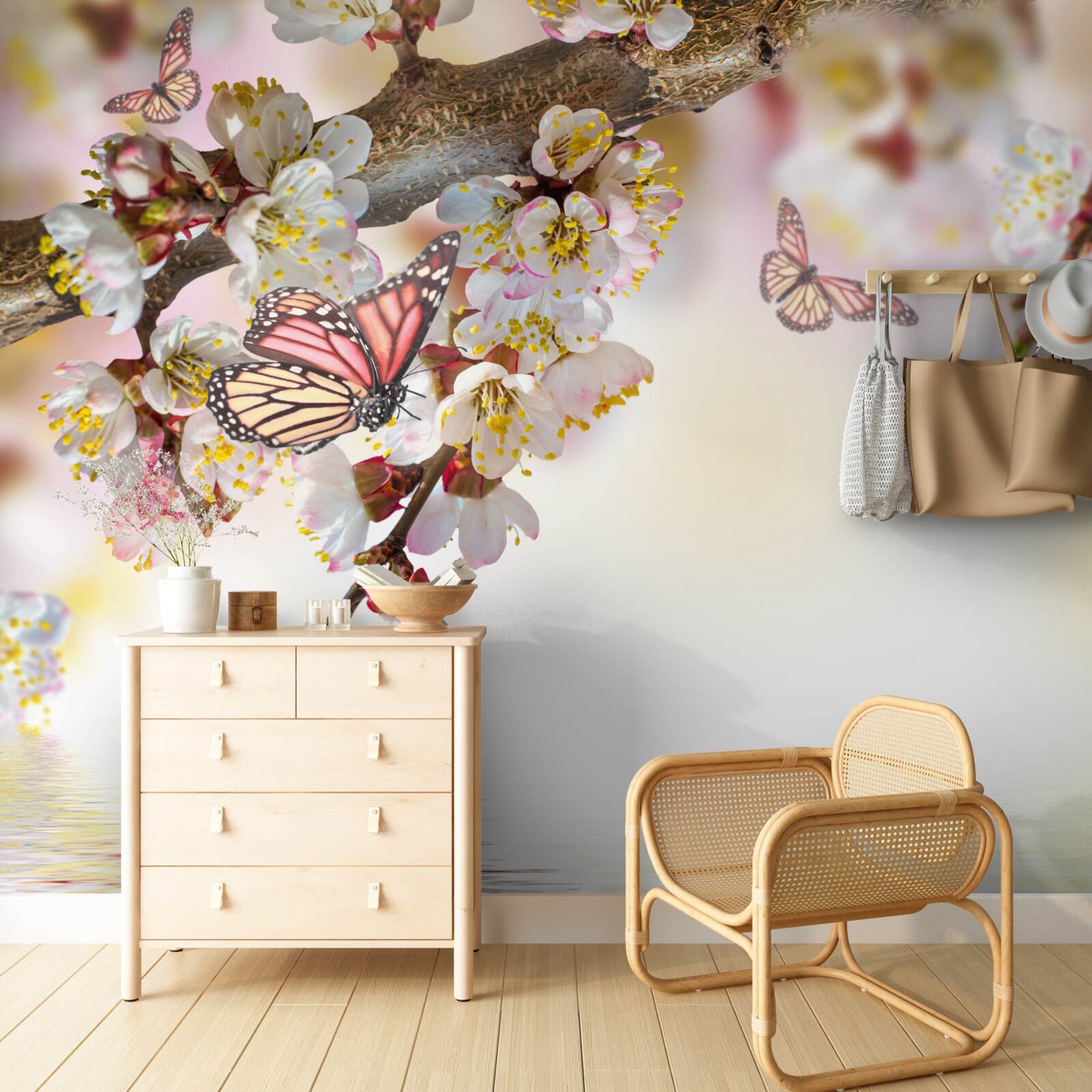 Fototapeten Sakura -Blumen sind ein Zuhause für Schmetterlinge geworden