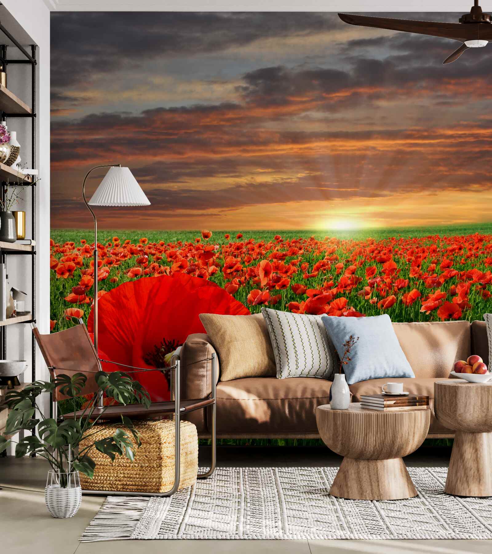 Fototapeten Sonnenuntergang über dem Feld der purpurroten Mohnblumen
