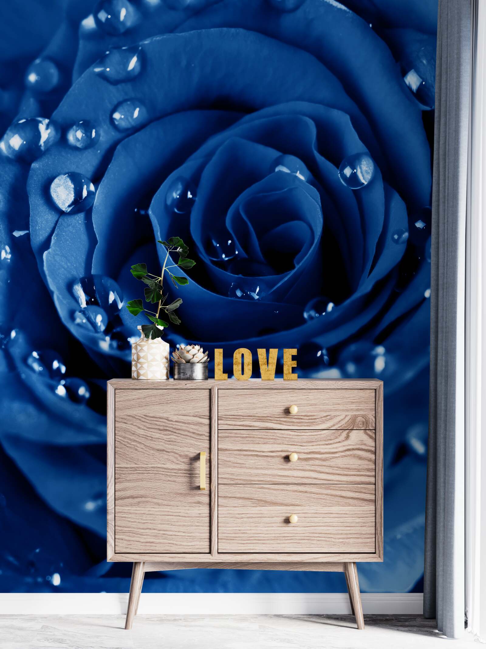 Fototapeten Blaue Rose mit Wassertropfen dekoriert