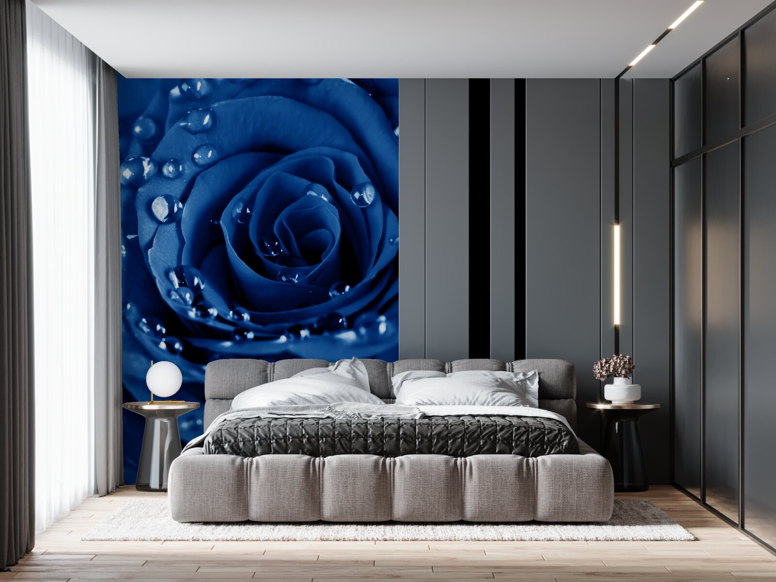 Fototapeten Blaue Rose mit Wassertropfen dekoriert