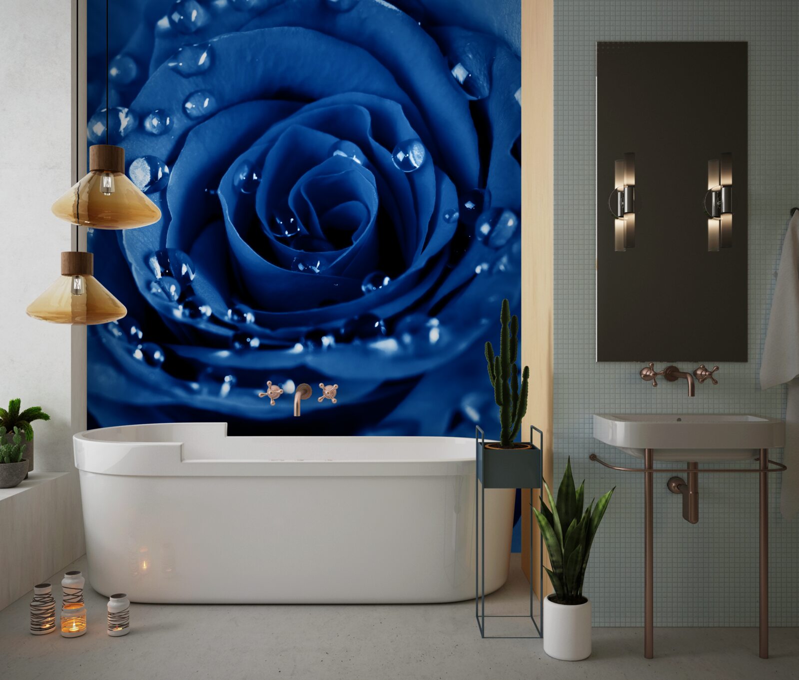 Fototapeten Blaue Rose mit Wassertropfen dekoriert