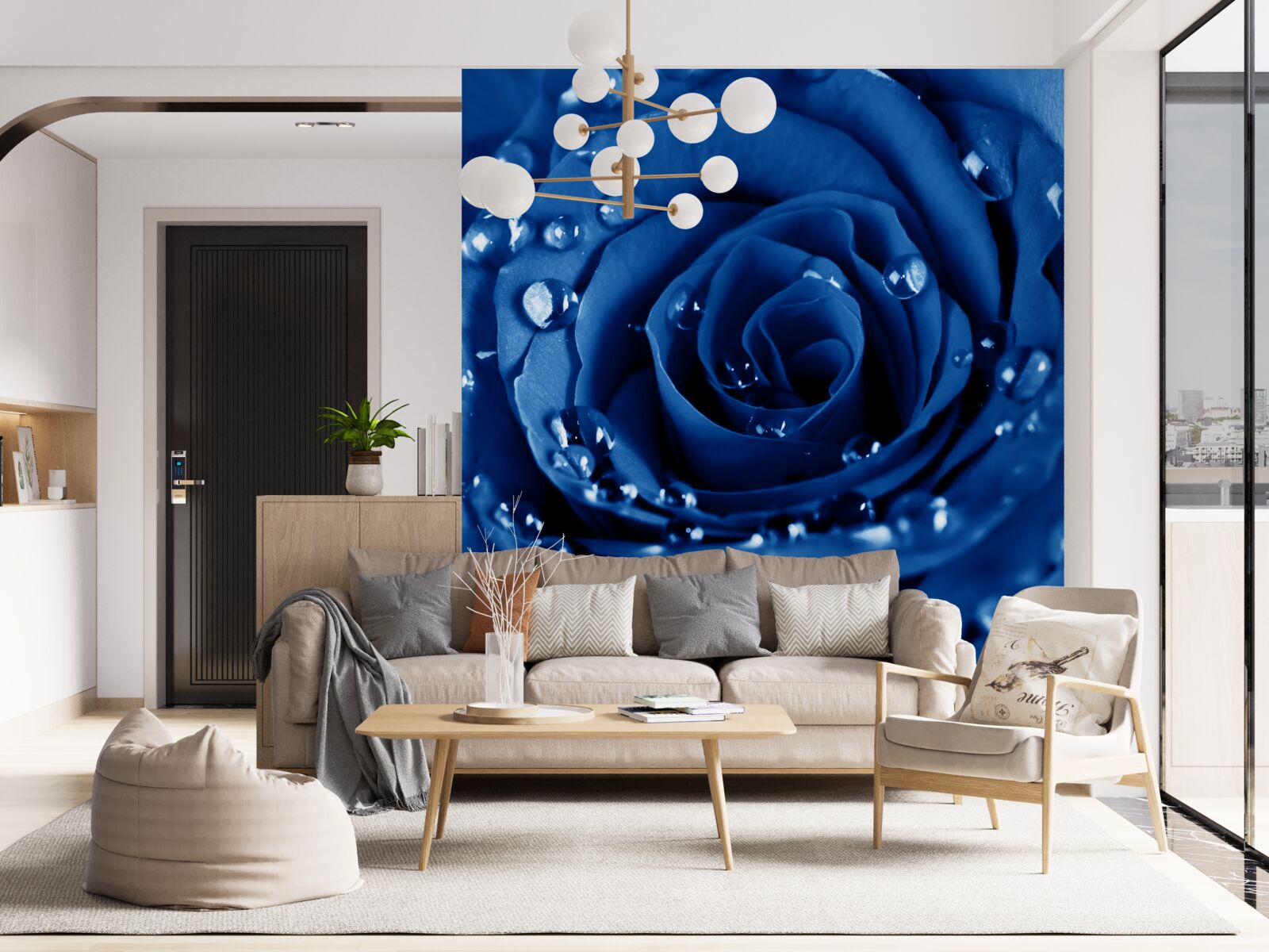 Fototapeten Blaue Rose mit Wassertropfen dekoriert