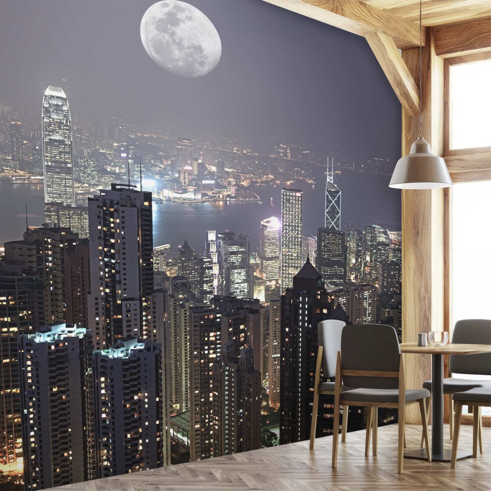 Fototapeten Der Mond um Mitternacht hängt über Hongkong