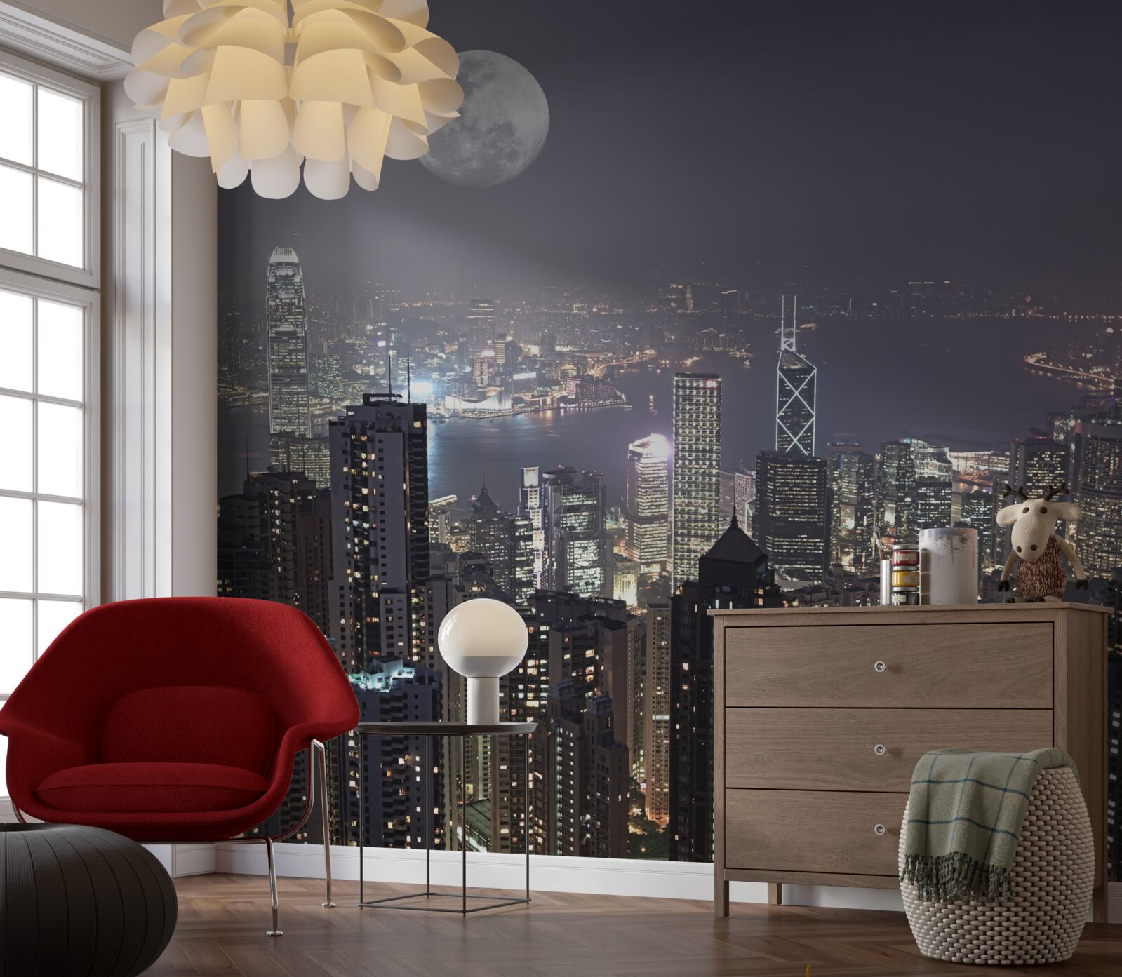 Fototapeten Der Mond um Mitternacht hängt über Hongkong