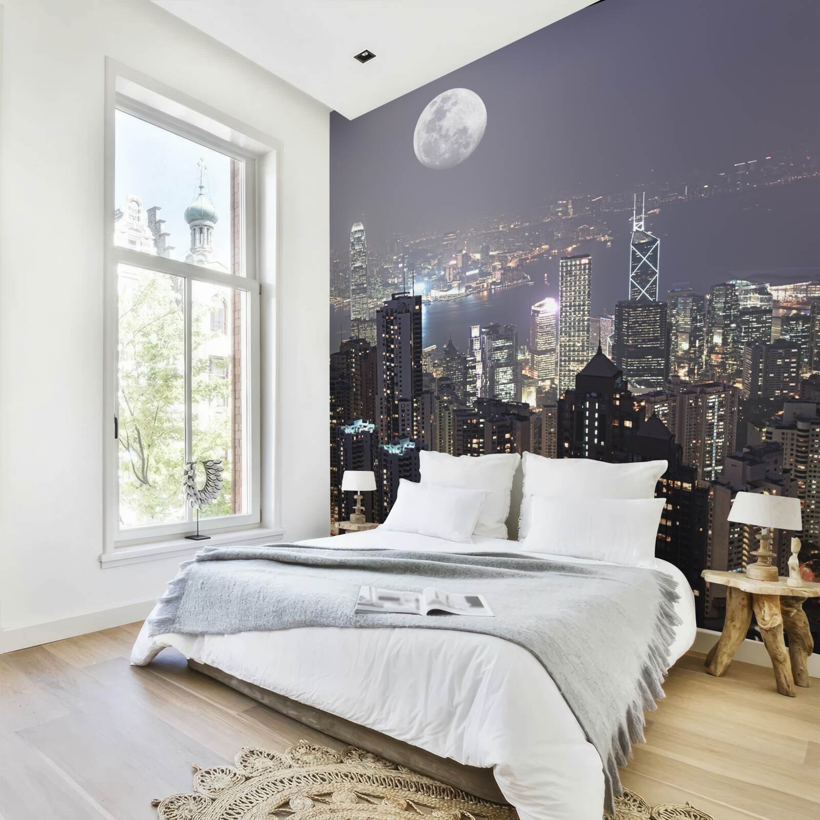 Fototapeten Der Mond um Mitternacht hängt über Hongkong