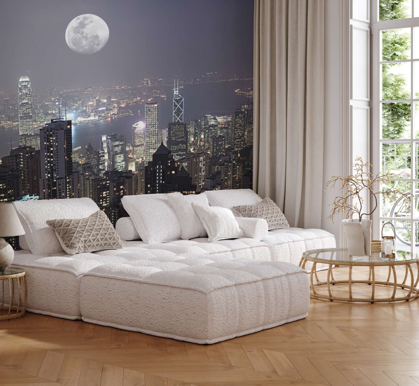 Fototapeten Der Mond um Mitternacht hängt über Hongkong