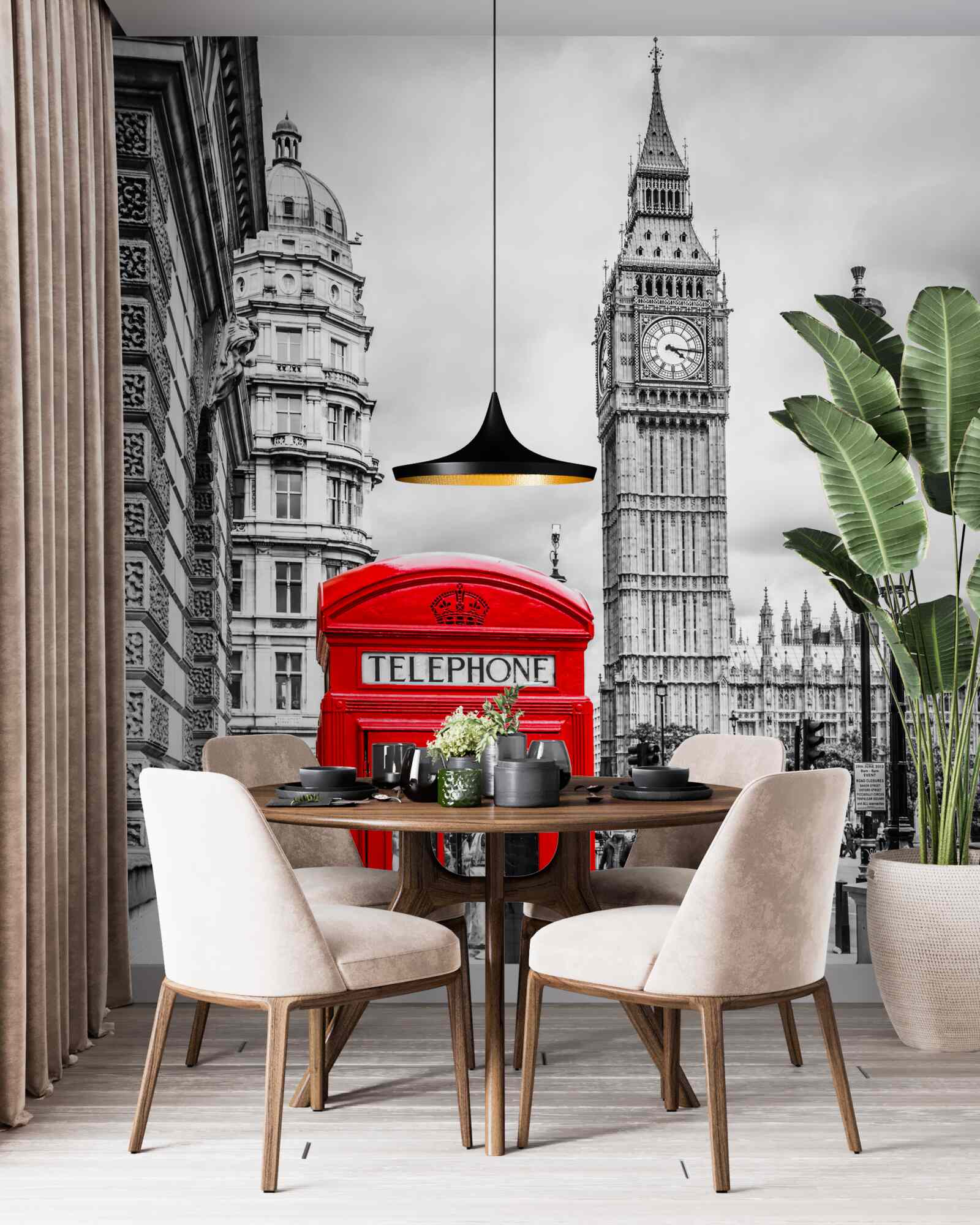 Fototapeten Im Hintergrund eine rote Telefonzelle vor Big Ben
