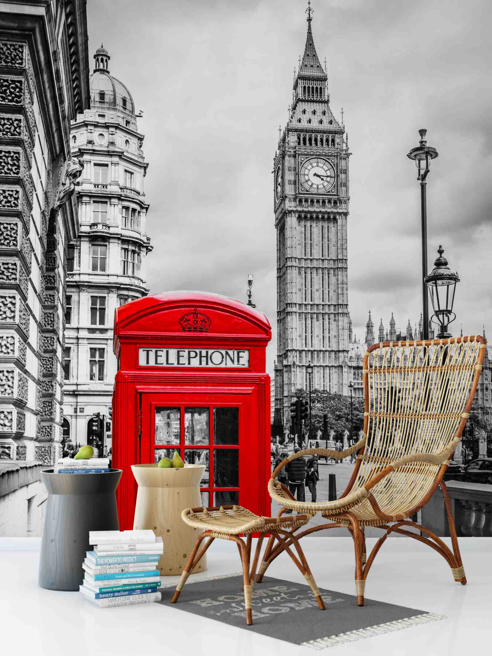 Fototapeten Im Hintergrund eine rote Telefonzelle vor Big Ben