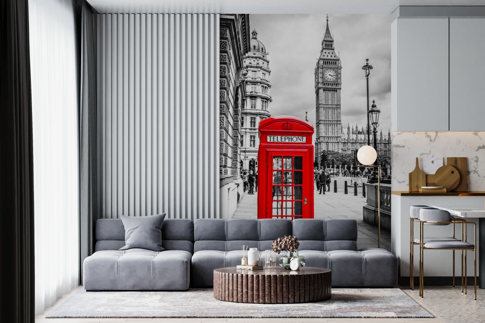 Fototapeten Im Hintergrund eine rote Telefonzelle vor Big Ben