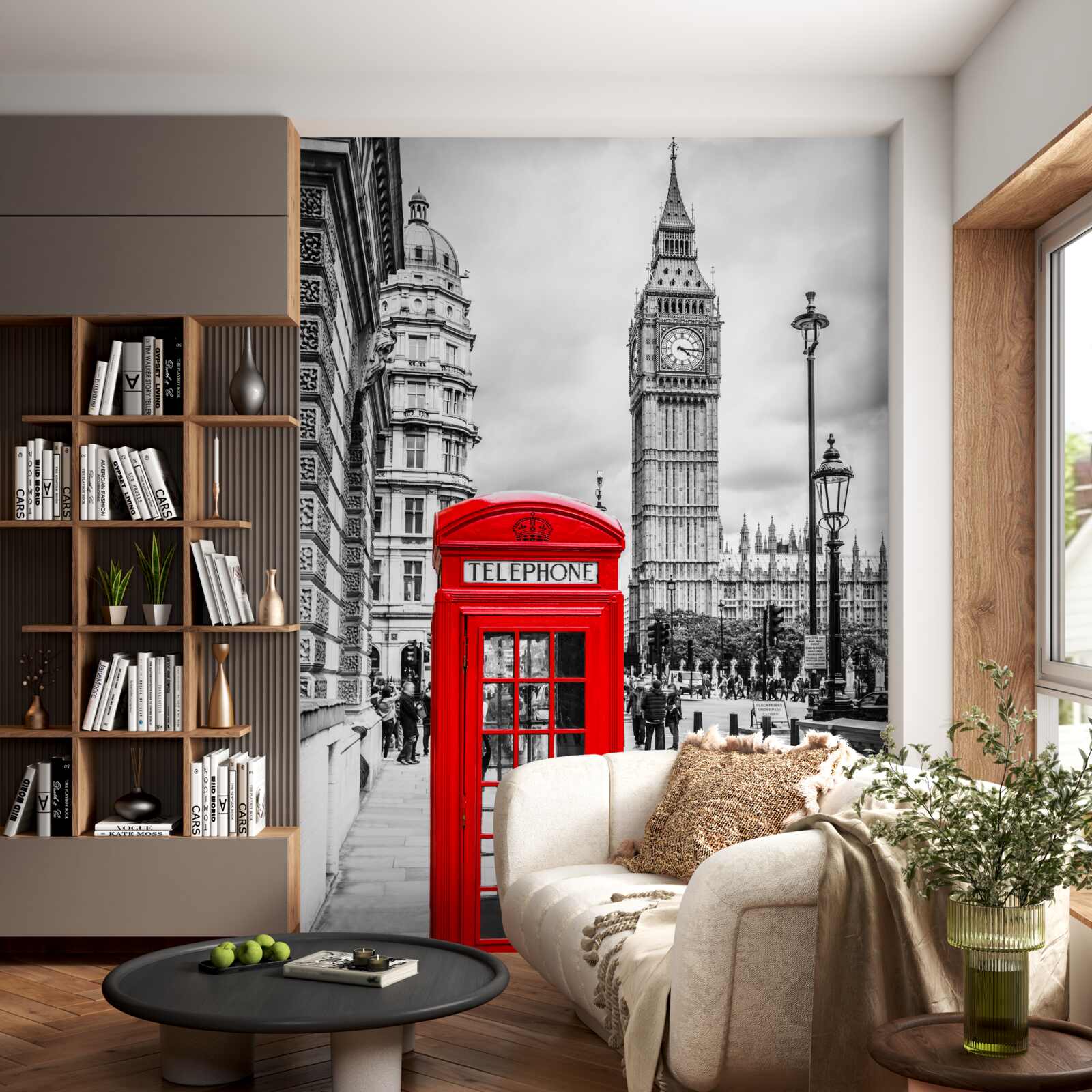 Fototapeten Im Hintergrund eine rote Telefonzelle vor Big Ben