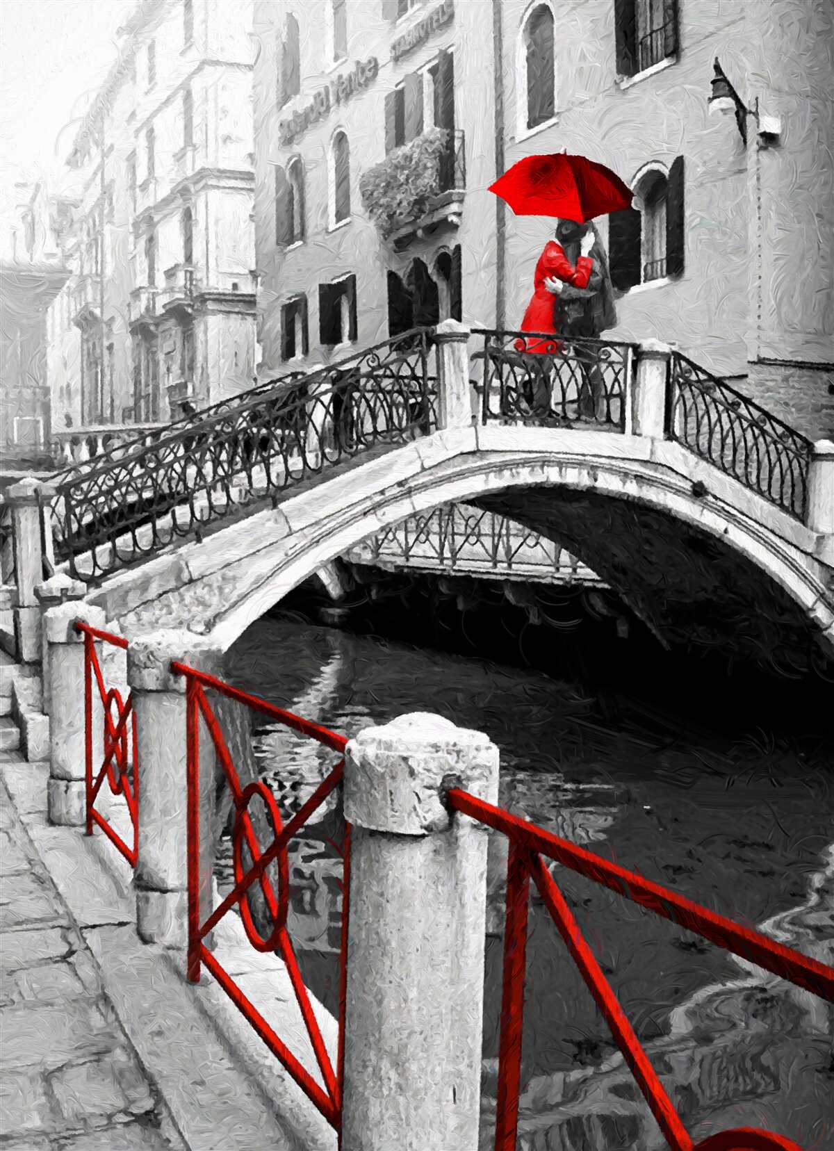 Fototapeten Schwarz -Weiß -Foto des Paares auf der venezianischen Brücke
