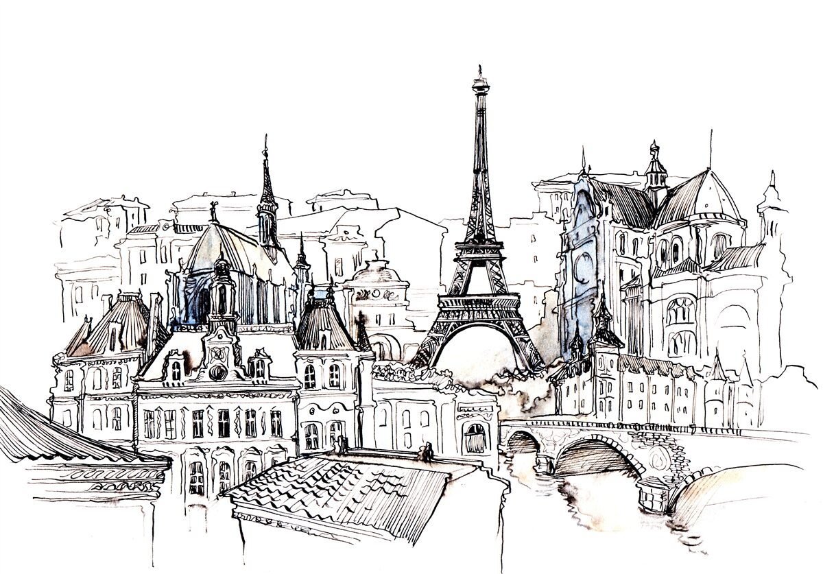 Fototapeten Hervorragende Orte von Paris, präsentiert mit einem Bleistift