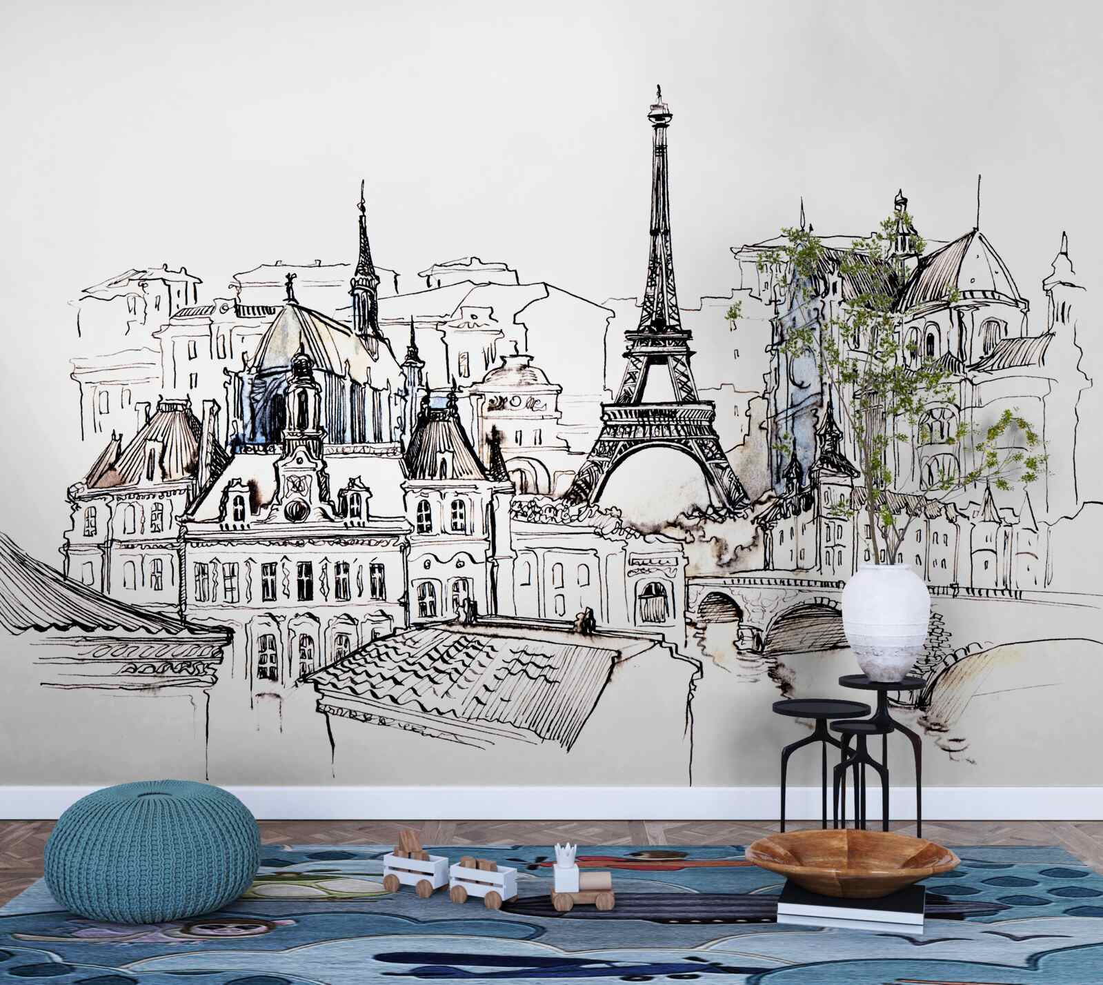 Fototapeten Hervorragende Orte von Paris, präsentiert mit einem Bleistift
