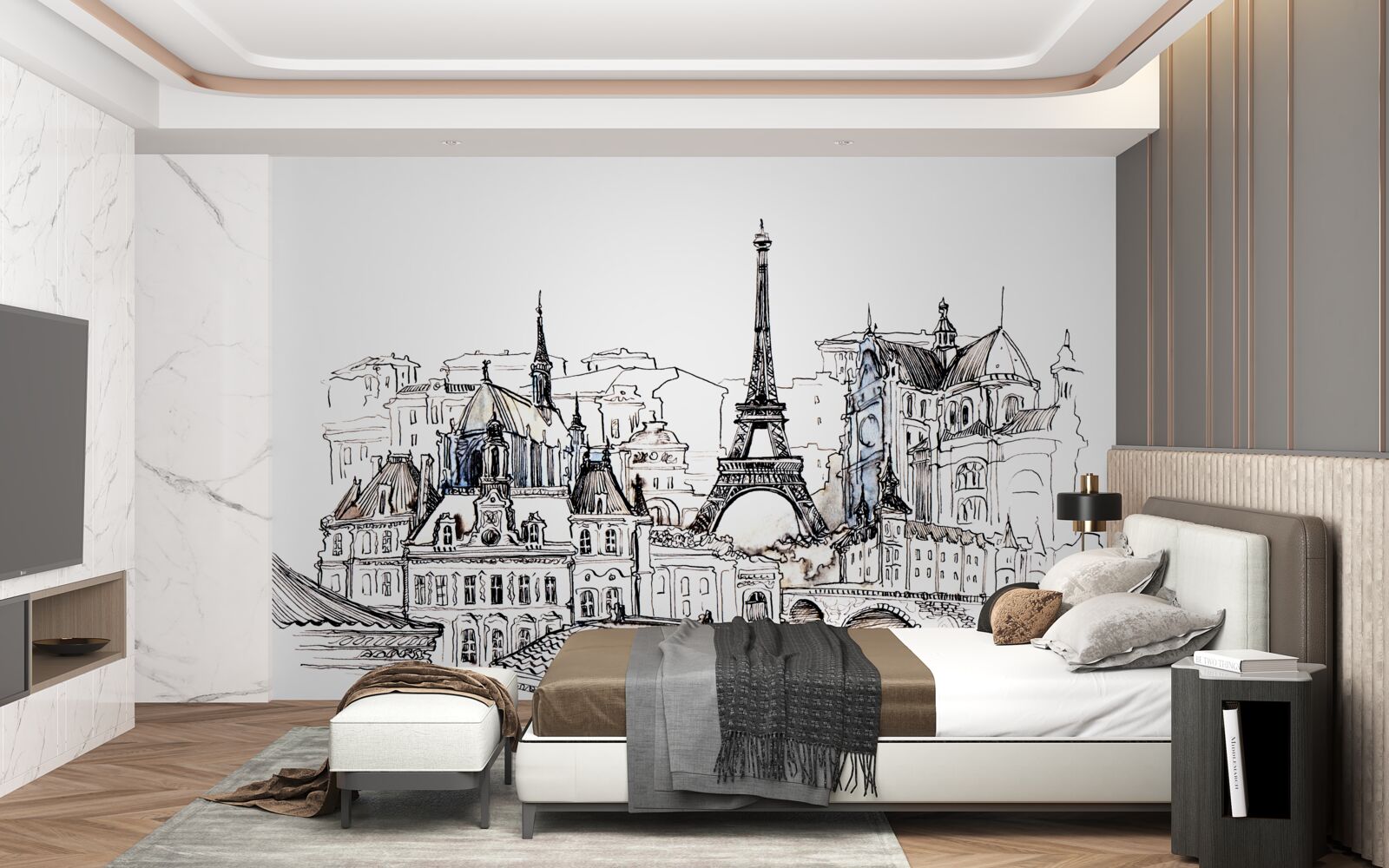Fototapeten Hervorragende Orte von Paris, präsentiert mit einem Bleistift