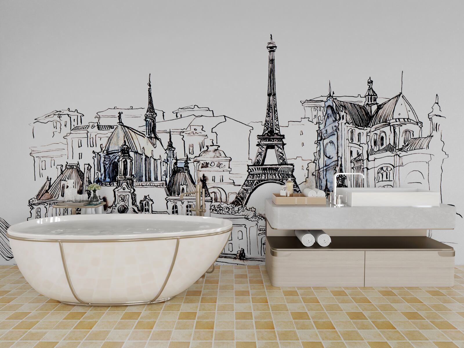 Fototapeten Hervorragende Orte von Paris, präsentiert mit einem Bleistift