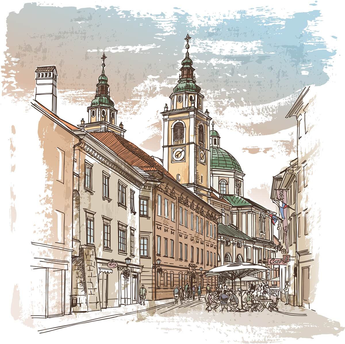 Fototapeten Antike Stadt mit einem Bleistift abgebildet
