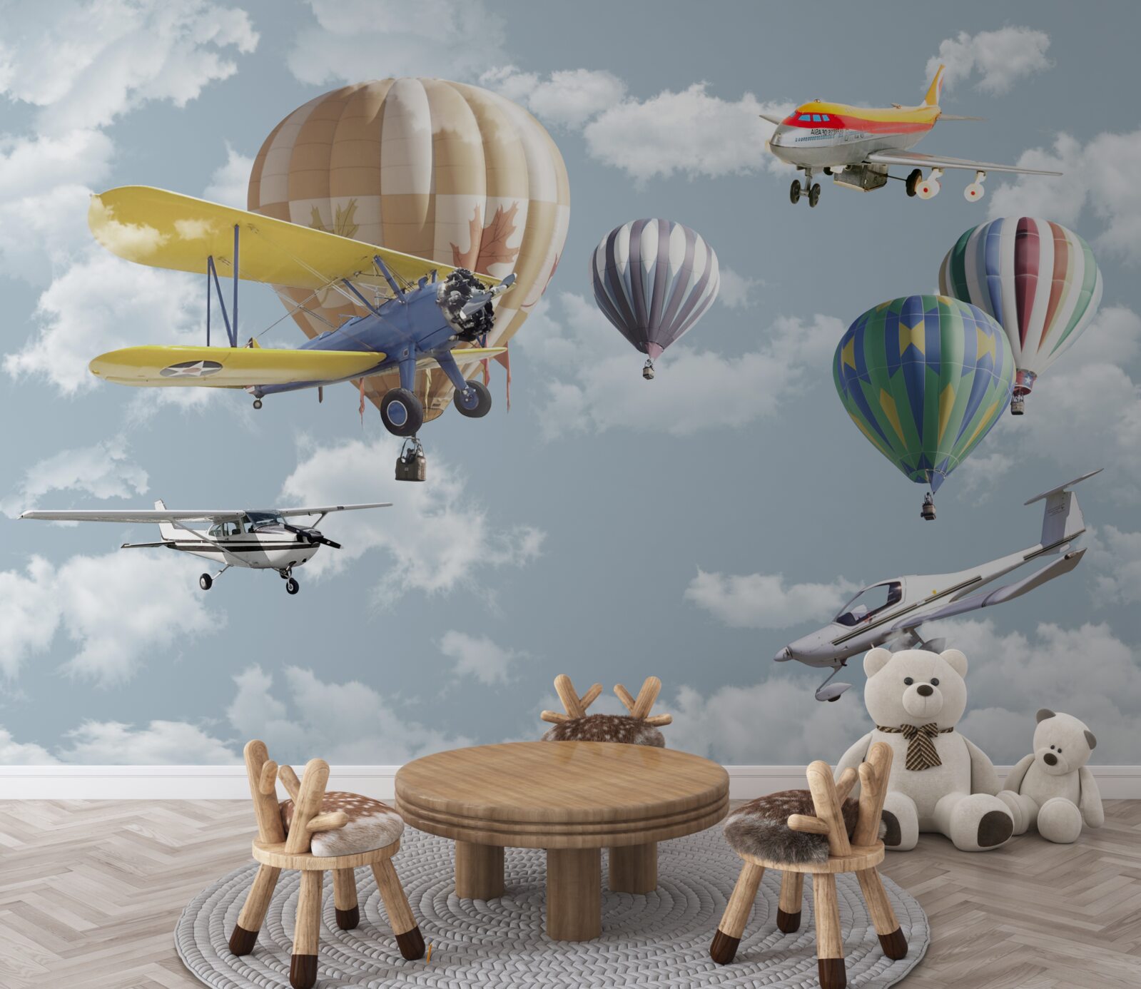 Fototapeten Rivalität von Luftballons und Flugzeugen in der Luft