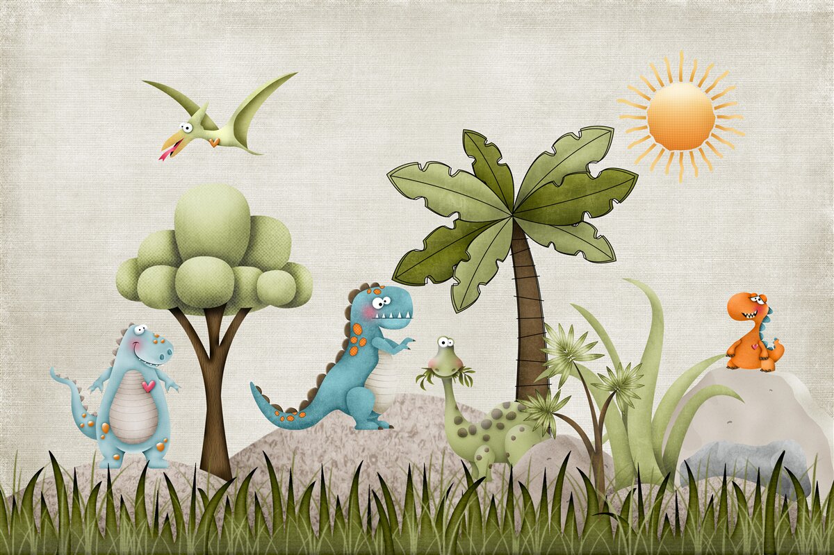 Fototapeten Kleine Cartoon -Dinosaurier in grünem Dickicht