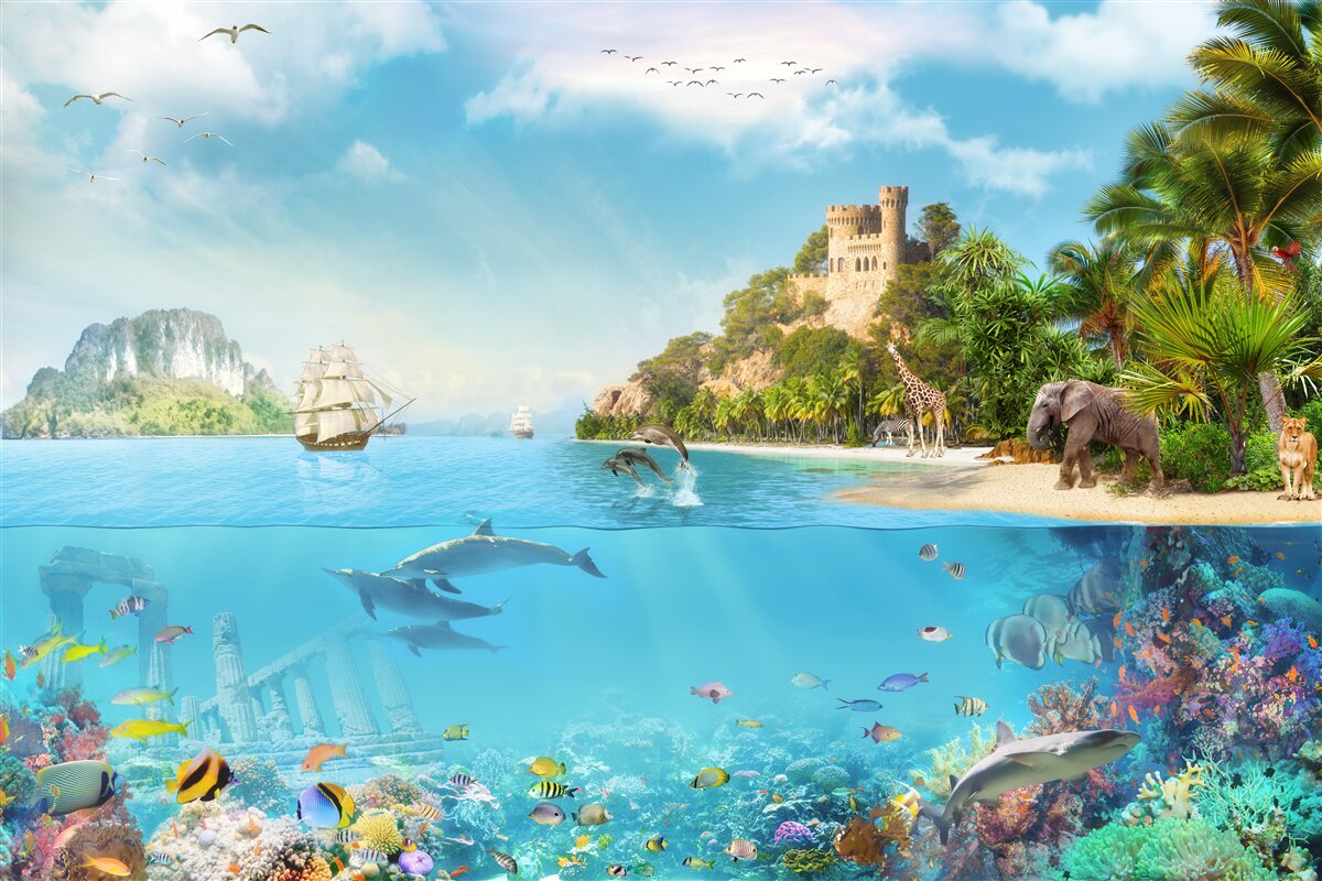 Fototapeten Eine verzauberte Insel, die von verschiedenen Tieren bewohnt wird