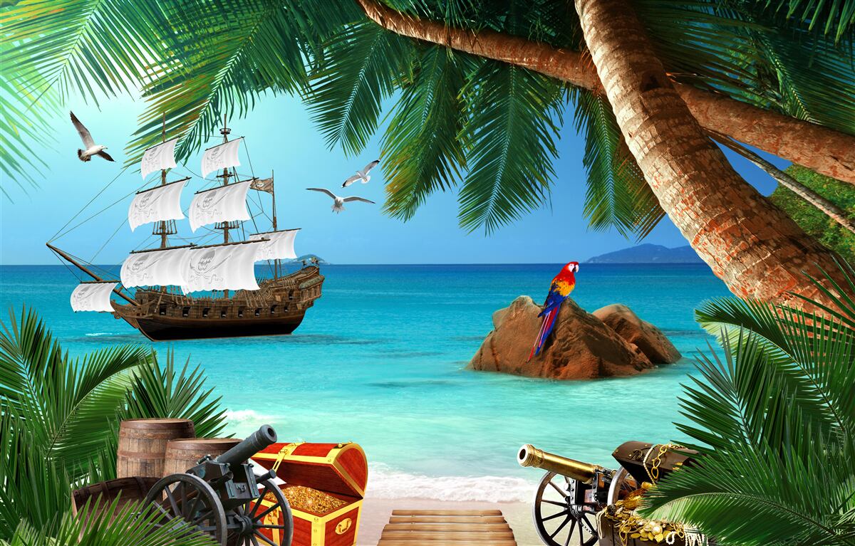 Fototapeten Blick auf das Schiff aus den Piratenbefestigungen
