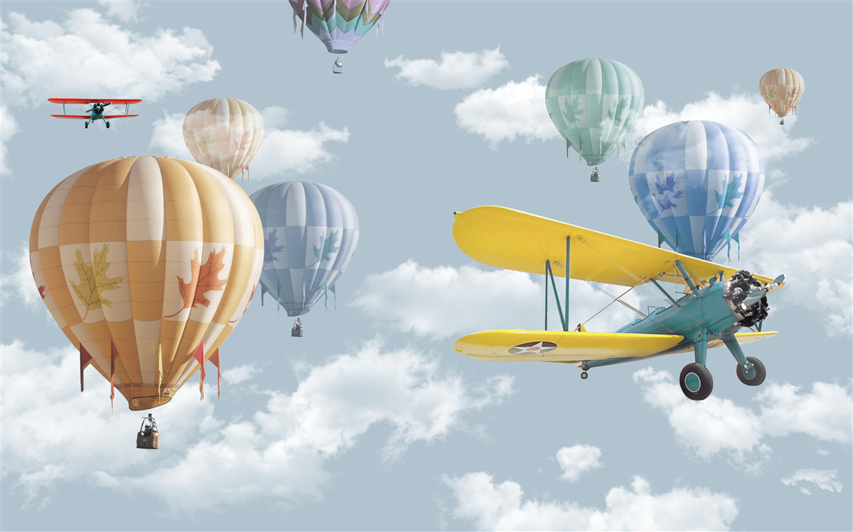 Fototapeten Luftballons und Flugzeuge in der Luft
