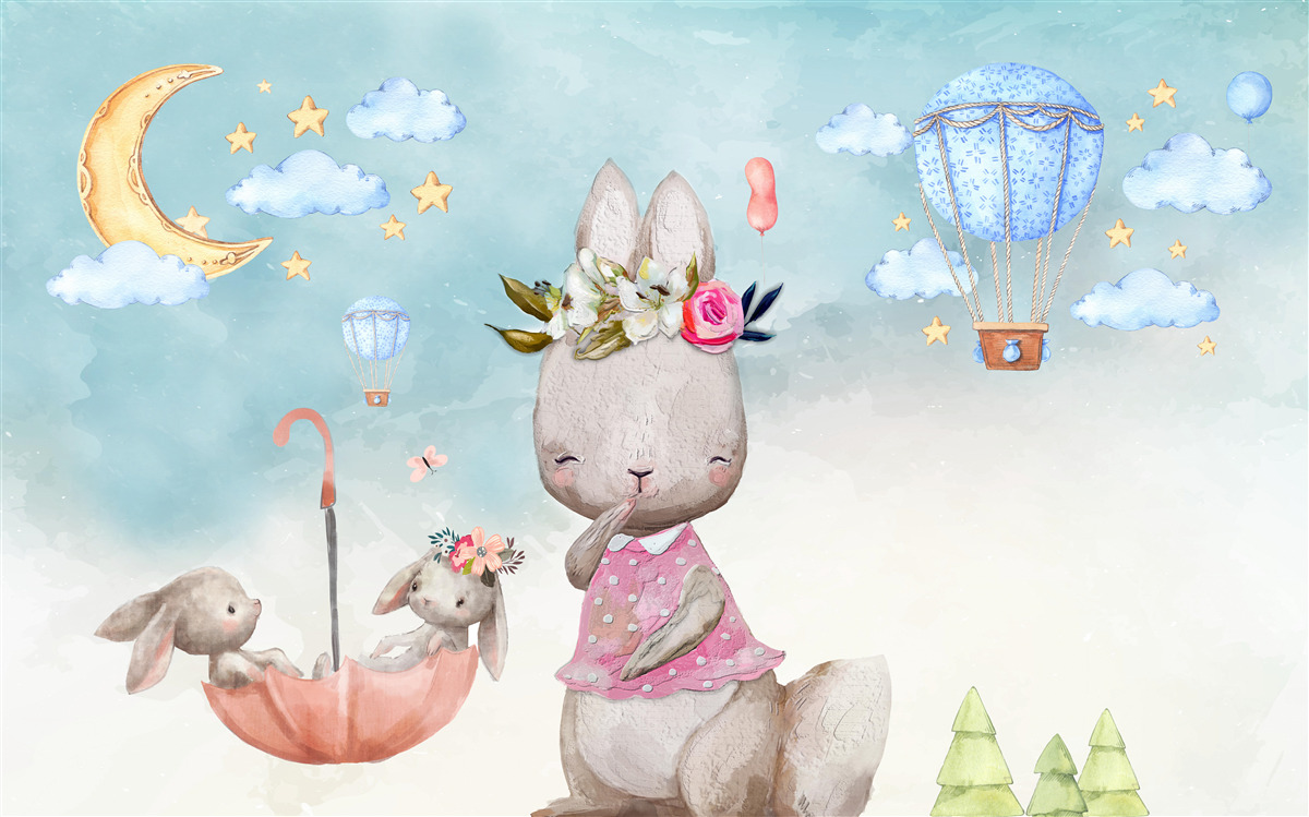 Fototapeten Hase mit Kindern im Regenschirm