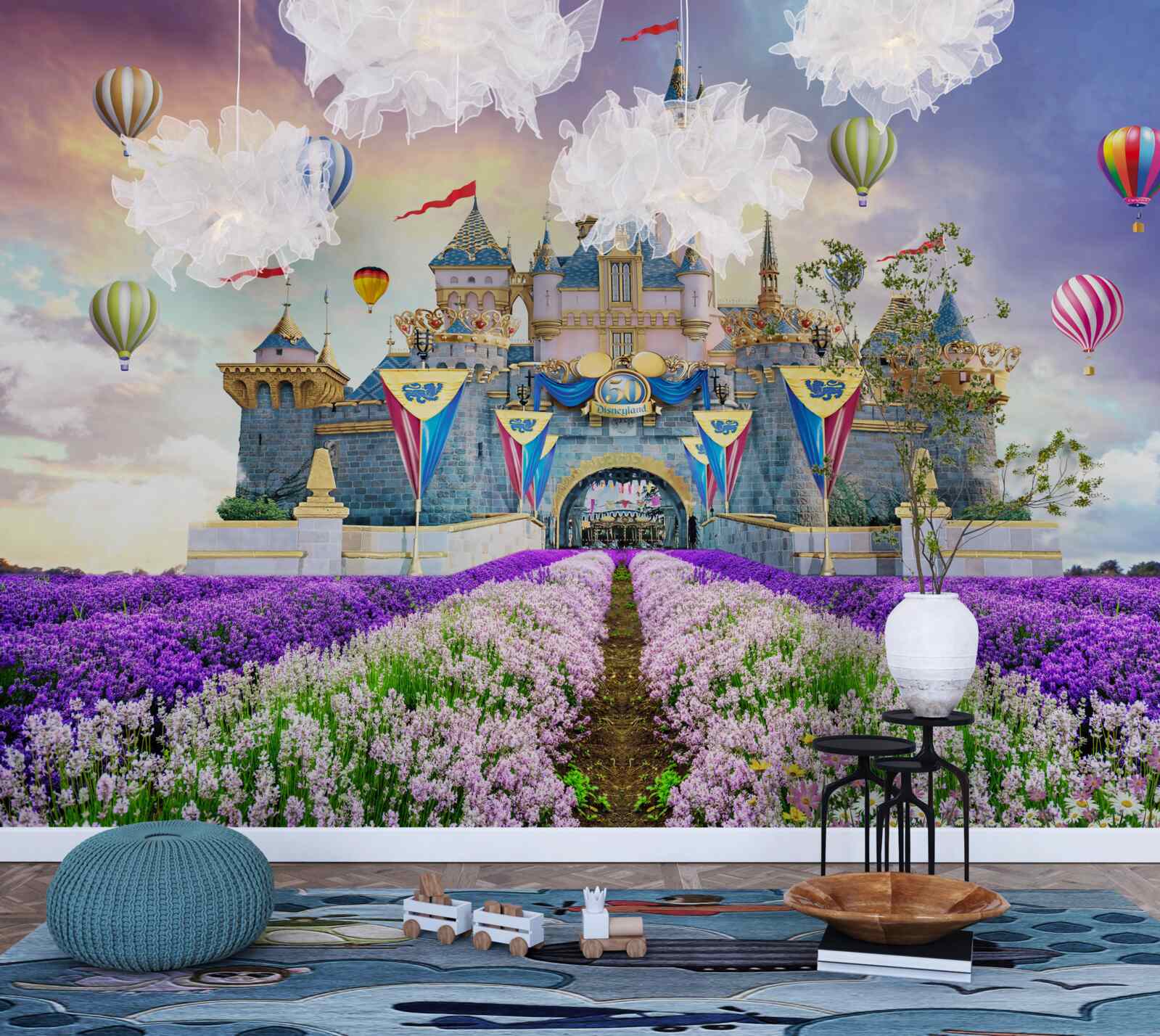Fototapeten Felder mit Lavendel vor dem Hintergrund einer magischen Burg