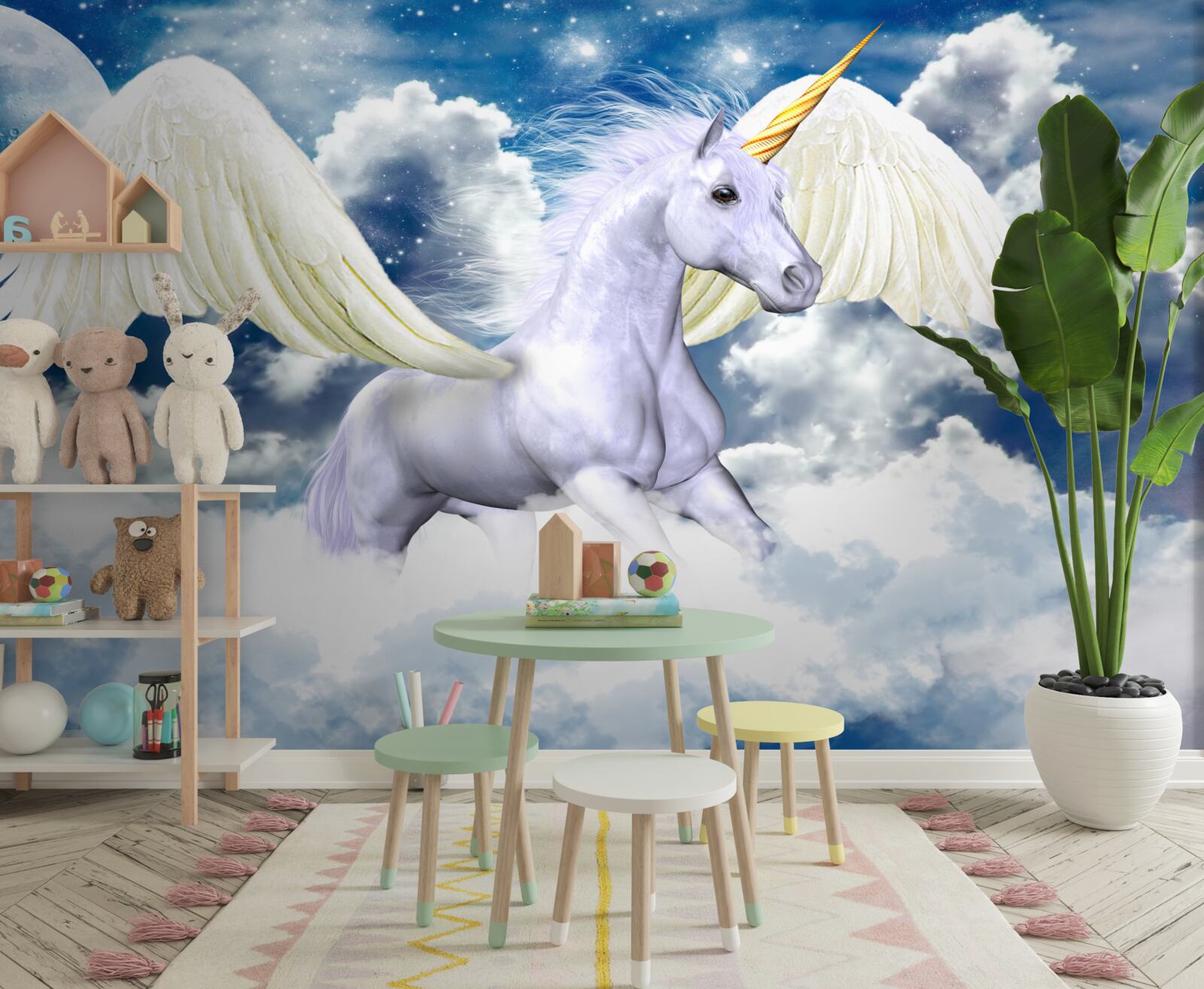 Fototapeten Das fliegende Einhorn durchbohrt die Wolken