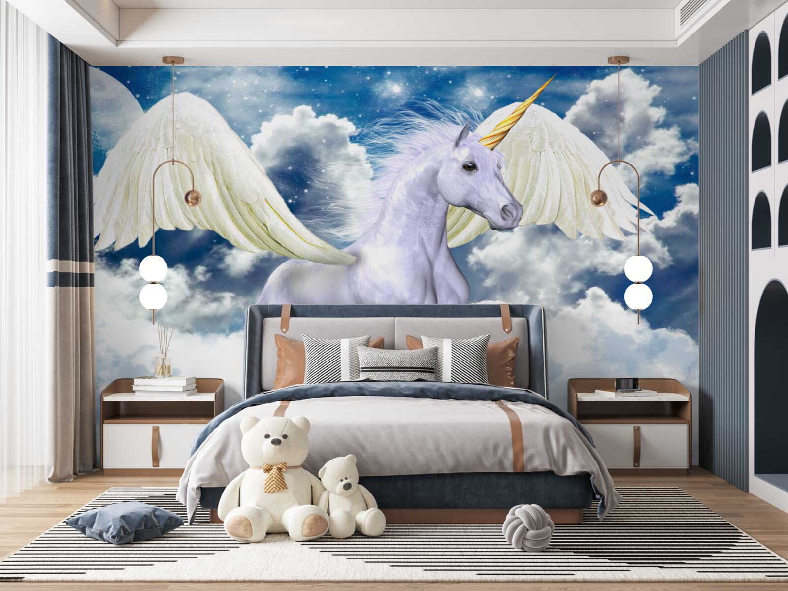 Fototapeten Das fliegende Einhorn durchbohrt die Wolken