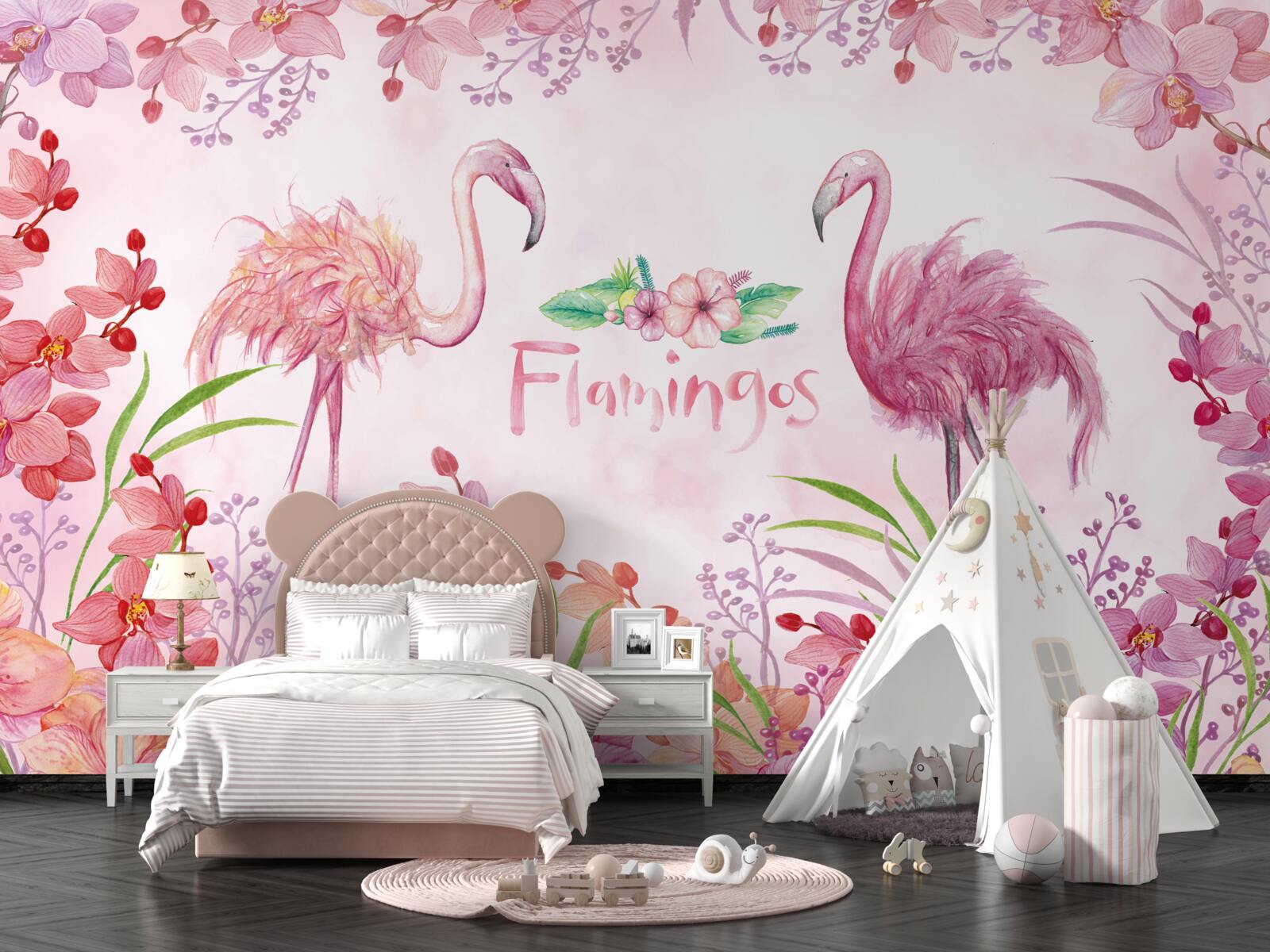 Fototapeten Pink Flamingo unter rosa Knospen
