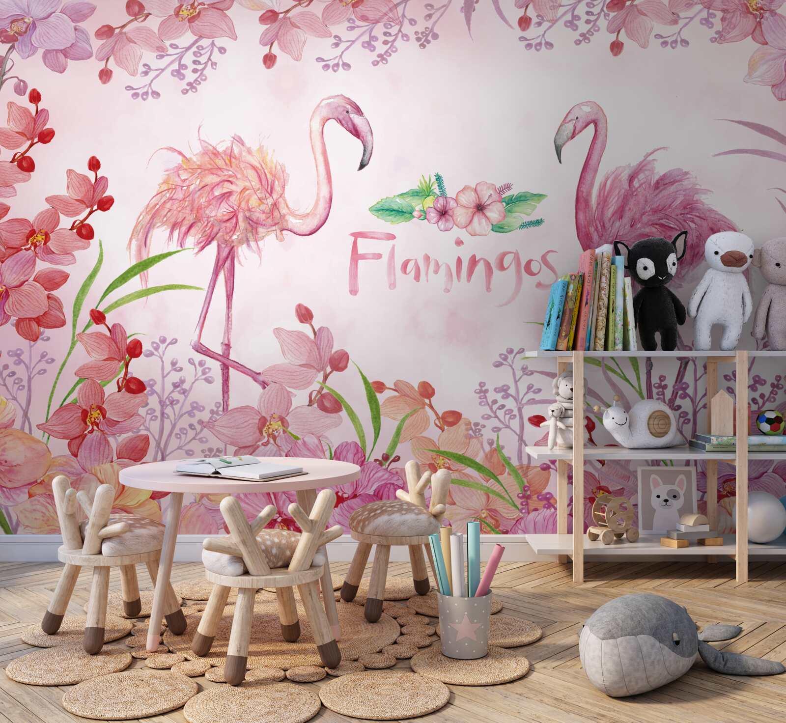 Fototapeten Pink Flamingo unter rosa Knospen