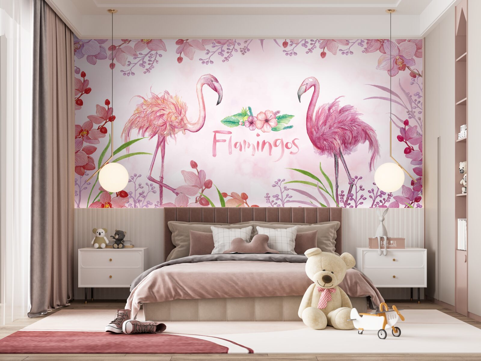 Fototapeten Pink Flamingo unter rosa Knospen