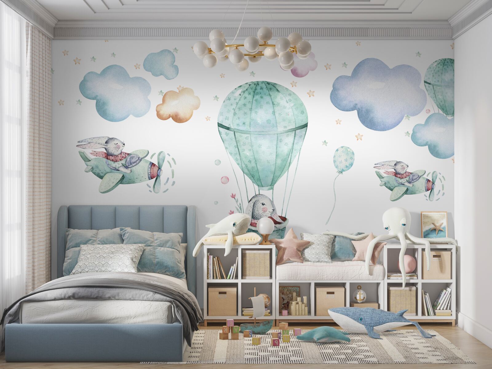 Fototapeten Luftballons und Flugzeuge mit Hasen