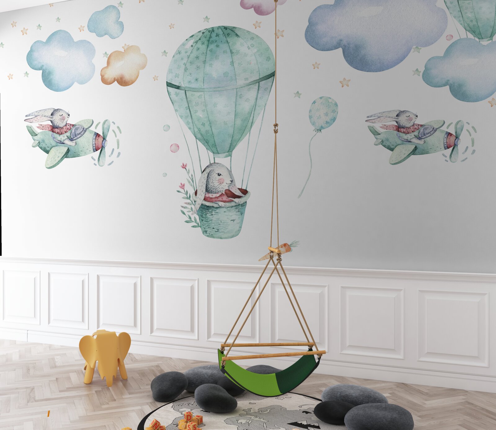 Fototapeten Luftballons und Flugzeuge mit Hasen