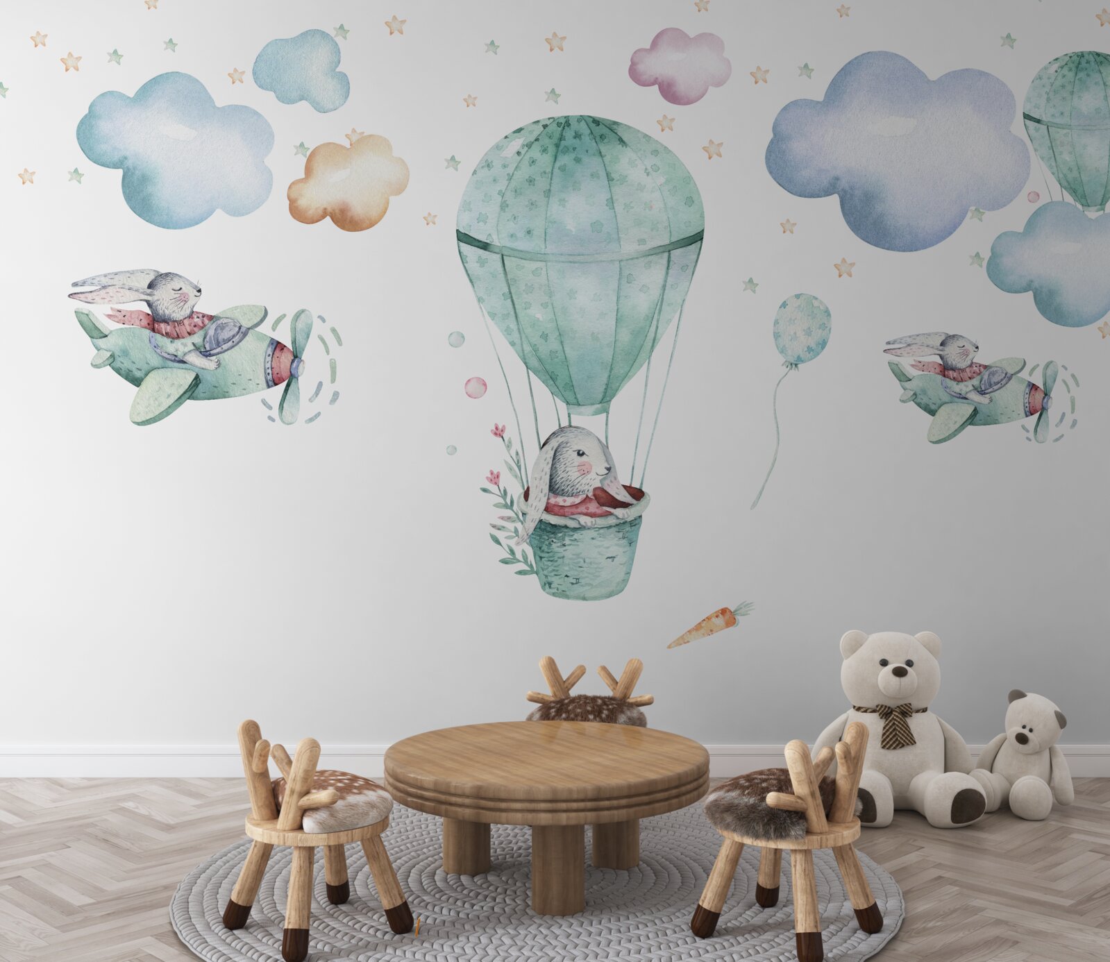 Fototapeten Luftballons und Flugzeuge mit Hasen