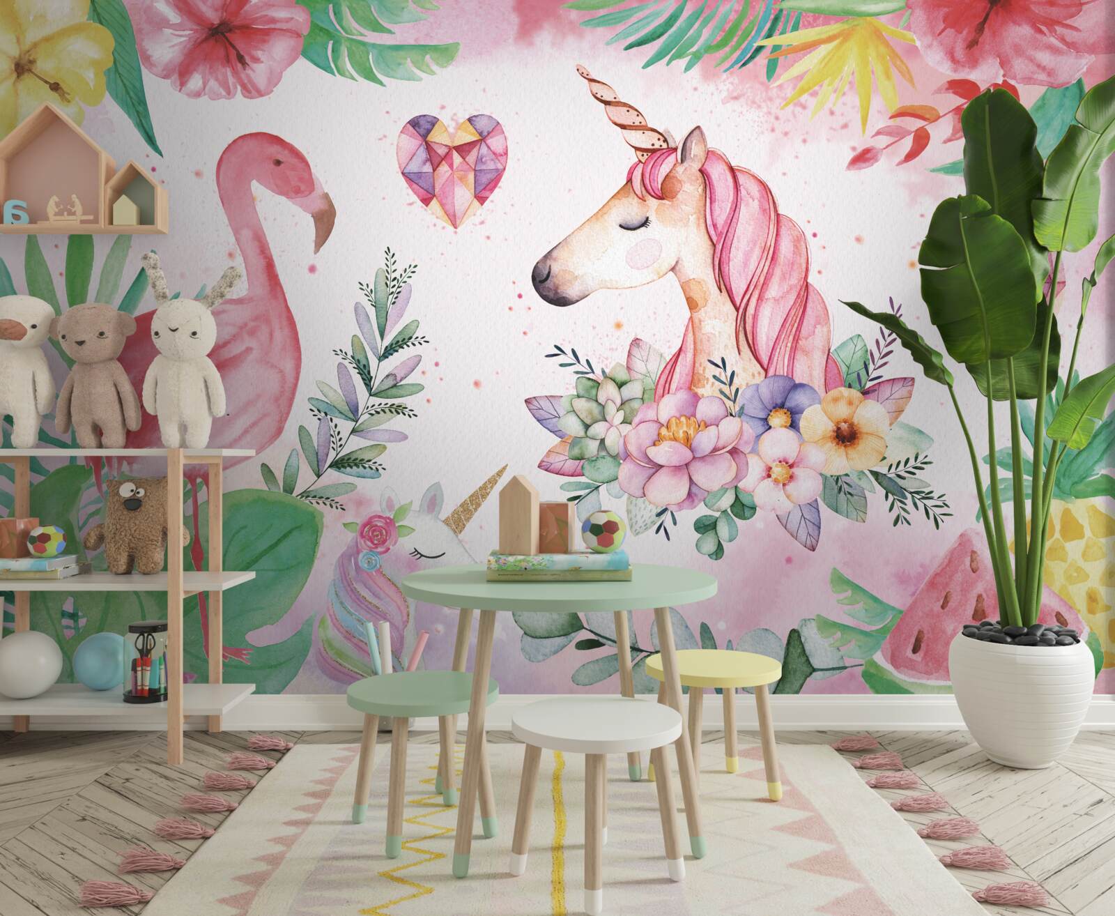 Fototapeten Einhorn und rosa Flamingo