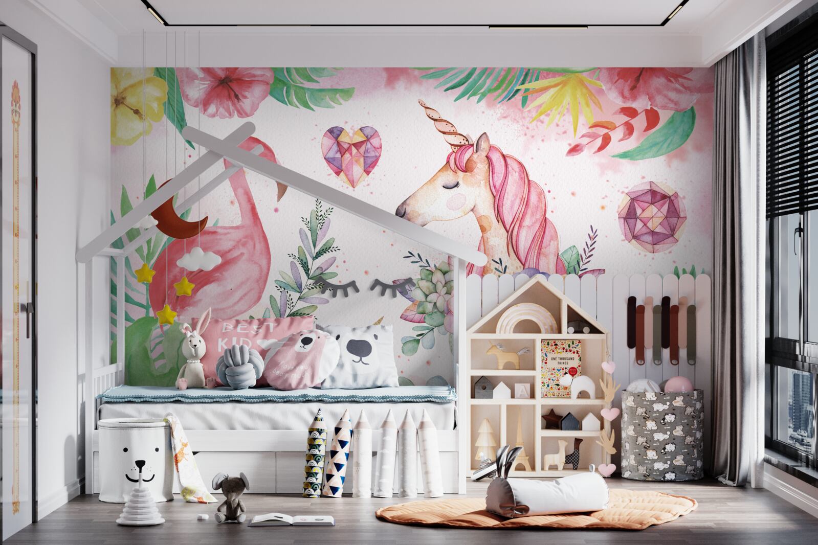 Fototapeten Einhorn und rosa Flamingo