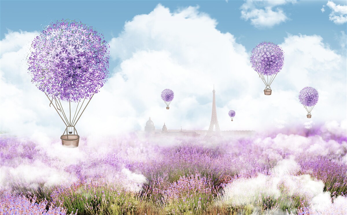 Fototapeten Feld mit Lavendel und fliegenden Luftballons