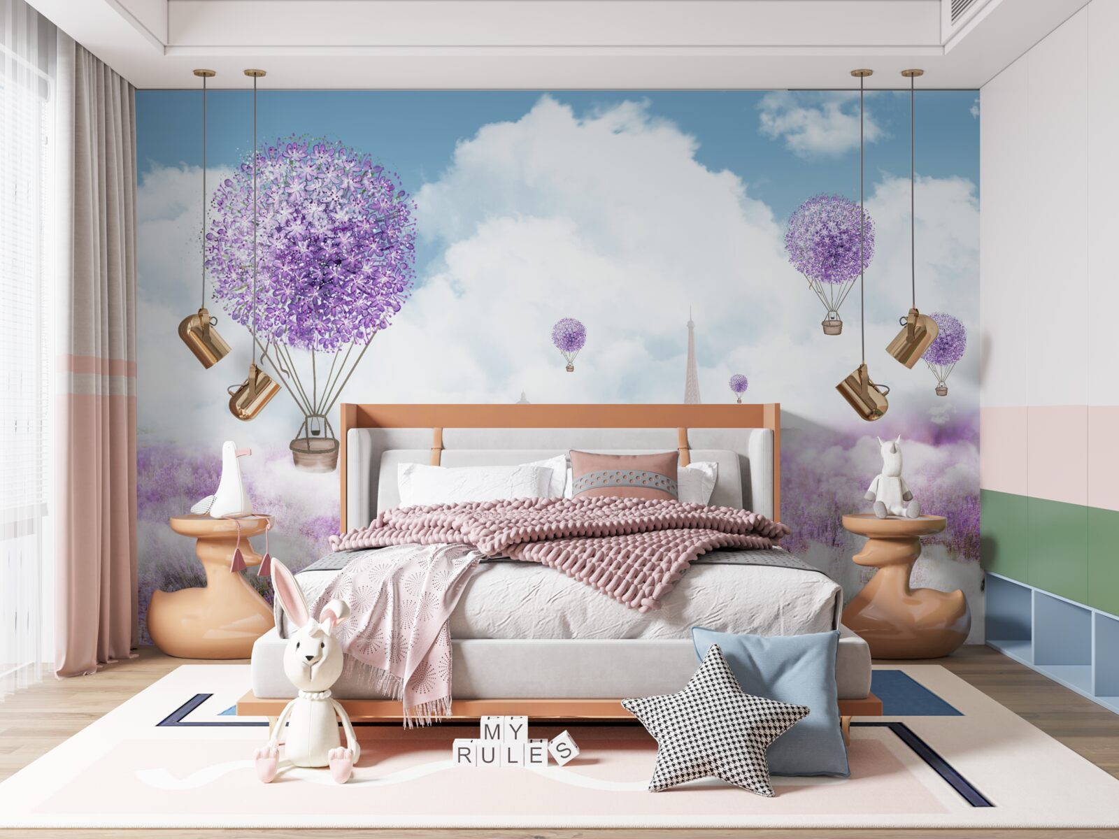 Fototapeten Feld mit Lavendel und fliegenden Luftballons