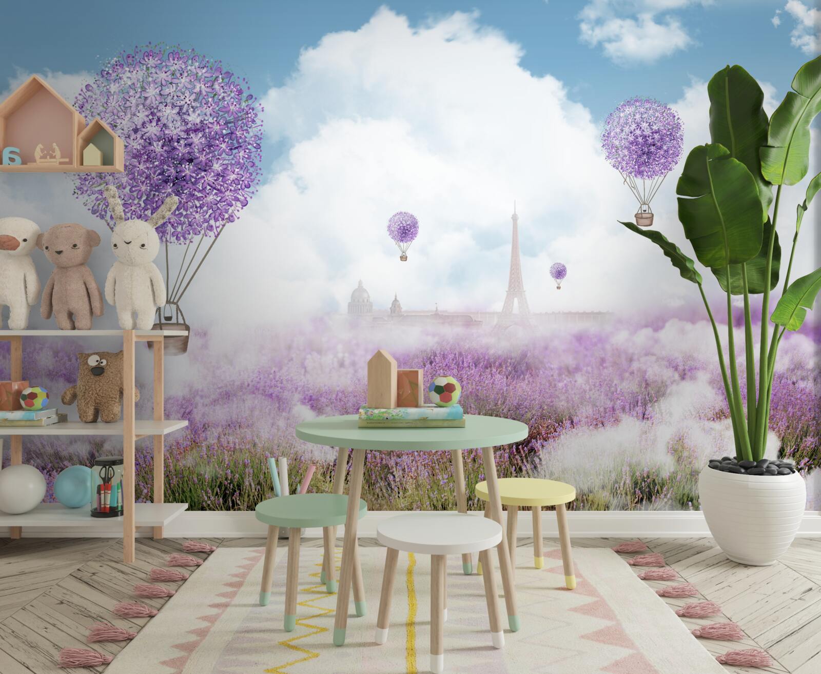 Fototapeten Feld mit Lavendel und fliegenden Luftballons
